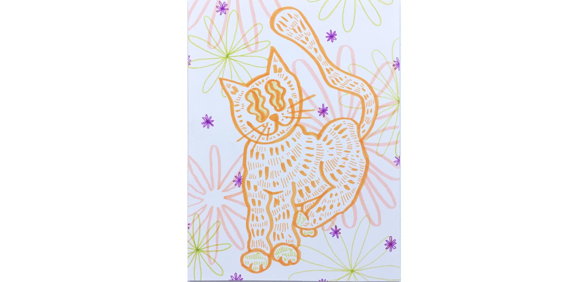 Soft and Fuzzy, Watercolor Paper Drawing, Cat with Flowers, Graphic Wavy Pattern - Gray Figurative Art by SarahGrace