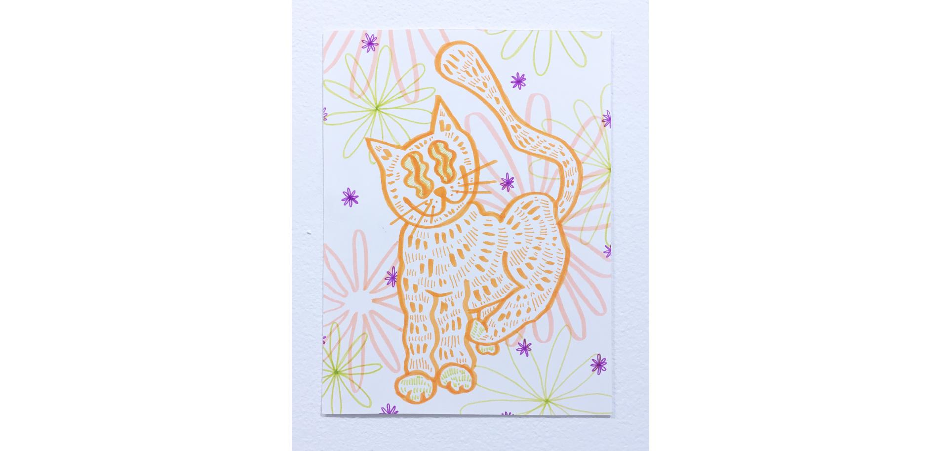 Soft and Fuzzy, dessin sur papier à l'aquarelle, chat avec fleurs, motif graphique ondulé en vente 1