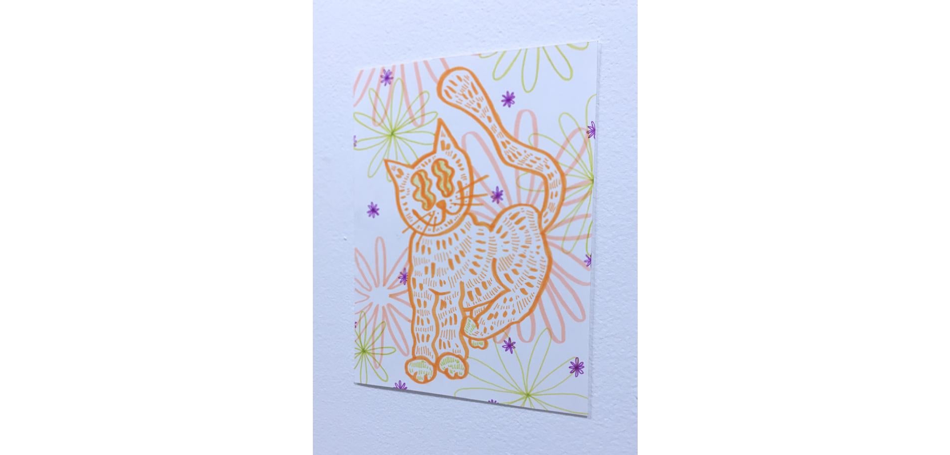 Soft and Fuzzy, dessin sur papier à l'aquarelle, chat avec fleurs, motif graphique ondulé en vente 2