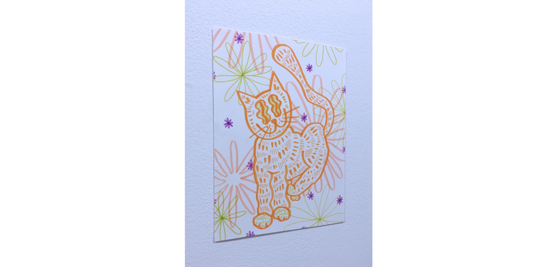 Soft and Fuzzy, dessin sur papier à l'aquarelle, chat avec fleurs, motif graphique ondulé en vente 3