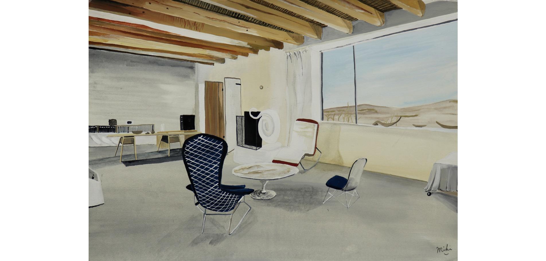 Georgia O'Keeffe's Studio & Fireplace, interiors, desert landscape, earth tones - Painting by Miki Matsuyama