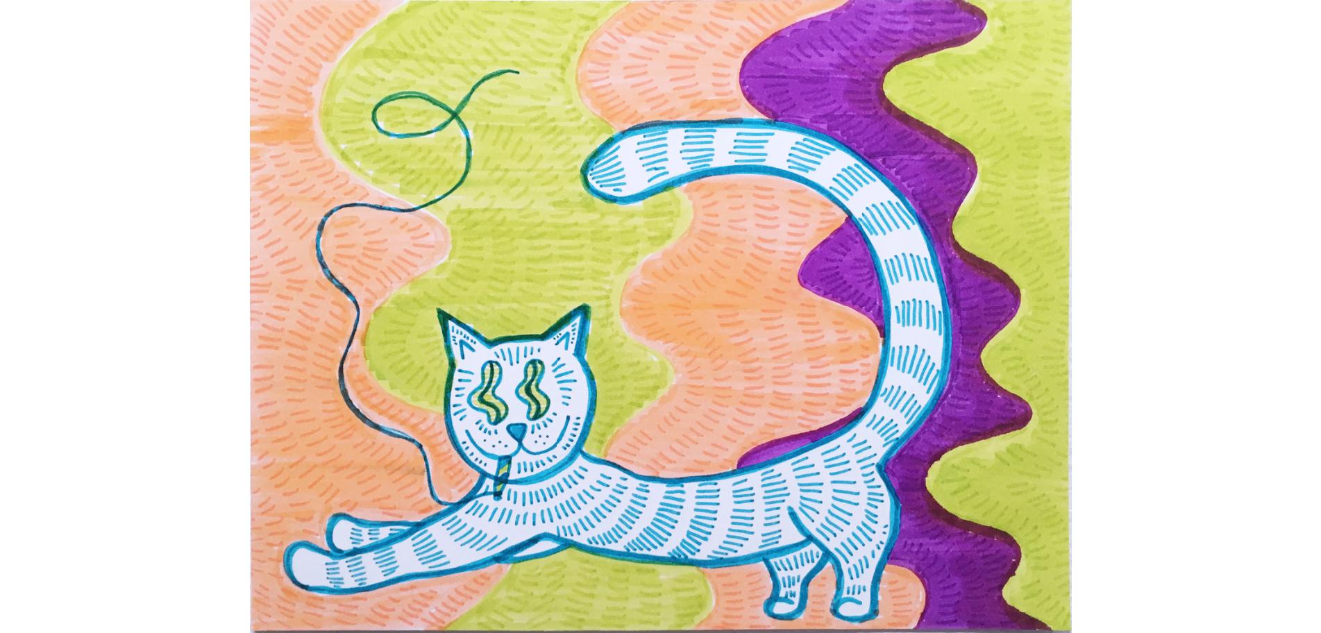 Smoko, Katze mit Tischdecke, Aquarell-Tinte-Zeichnung, Wellenschliff, Pfirsich, Grün, Blau, Lila – Art von SarahGrace
