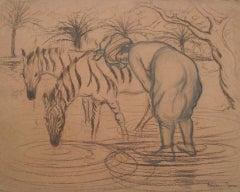 Girl & Zebras, Charcoal on Paper by Georges Manzana Pissarro