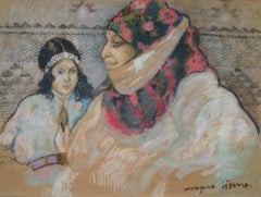 Moroccan Woman with Girl, Pastel with Gold and Silver on Paper