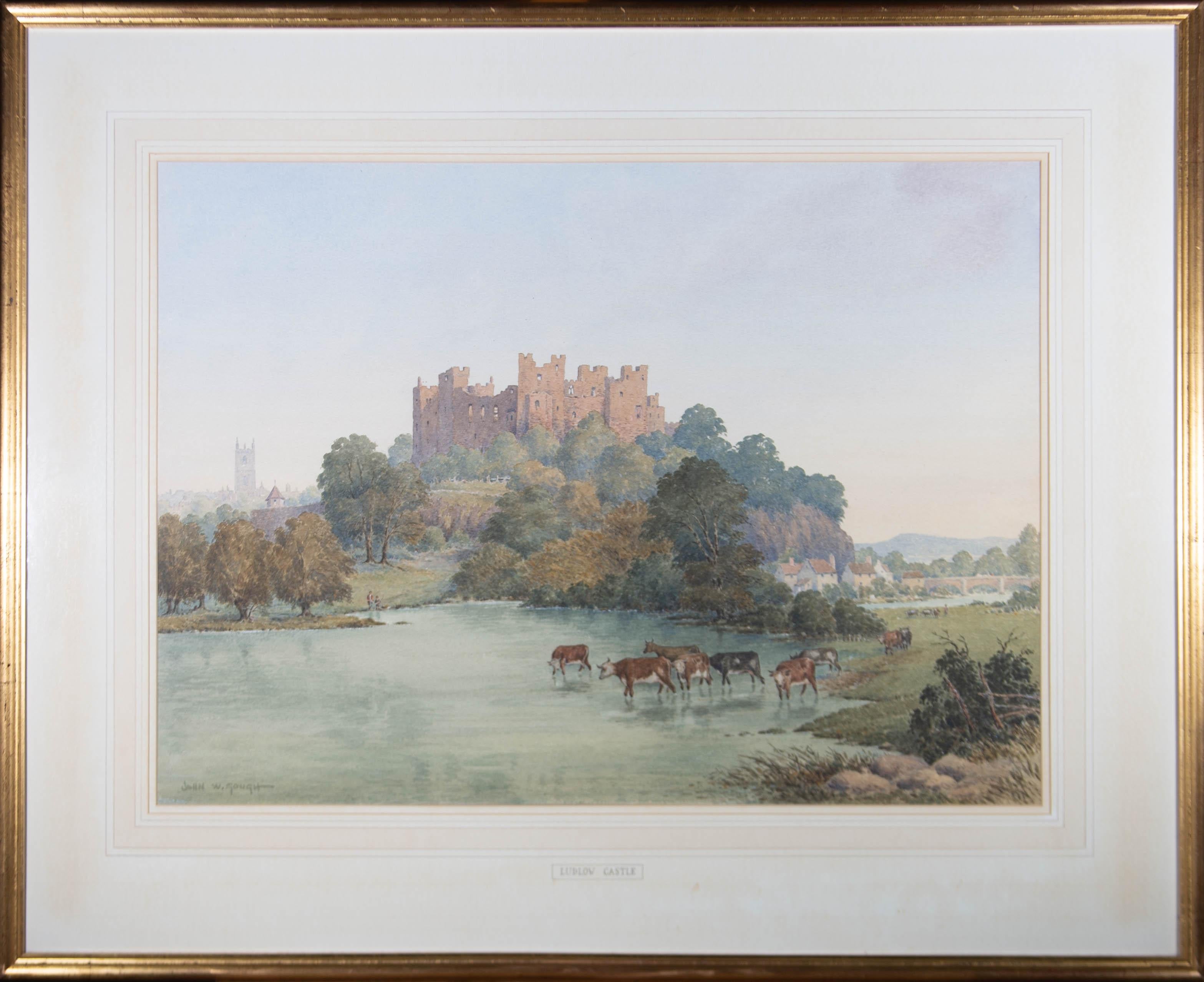 A large and beautiful topographical view of Ludlow Castle from the banks of the river. Cattle drink from the water and a father and son fish on the opposite bank. The artist has signed to the lower left corner and the painting has been presented in