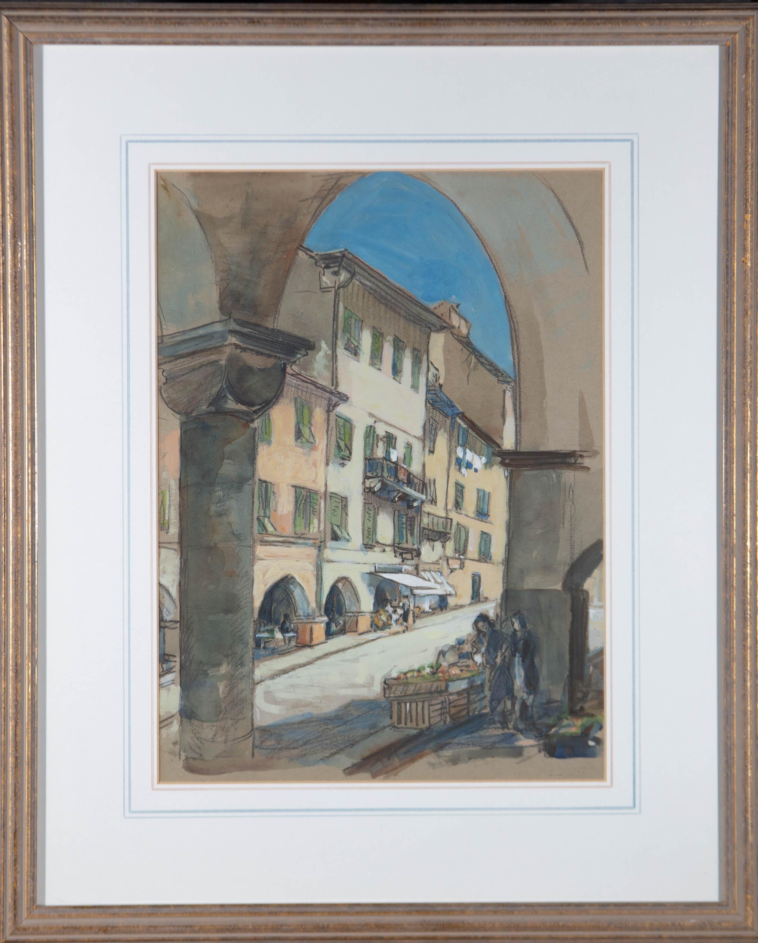 Unknown Landscape Art - Mid 20th Century Gouache - Italian Street Scene