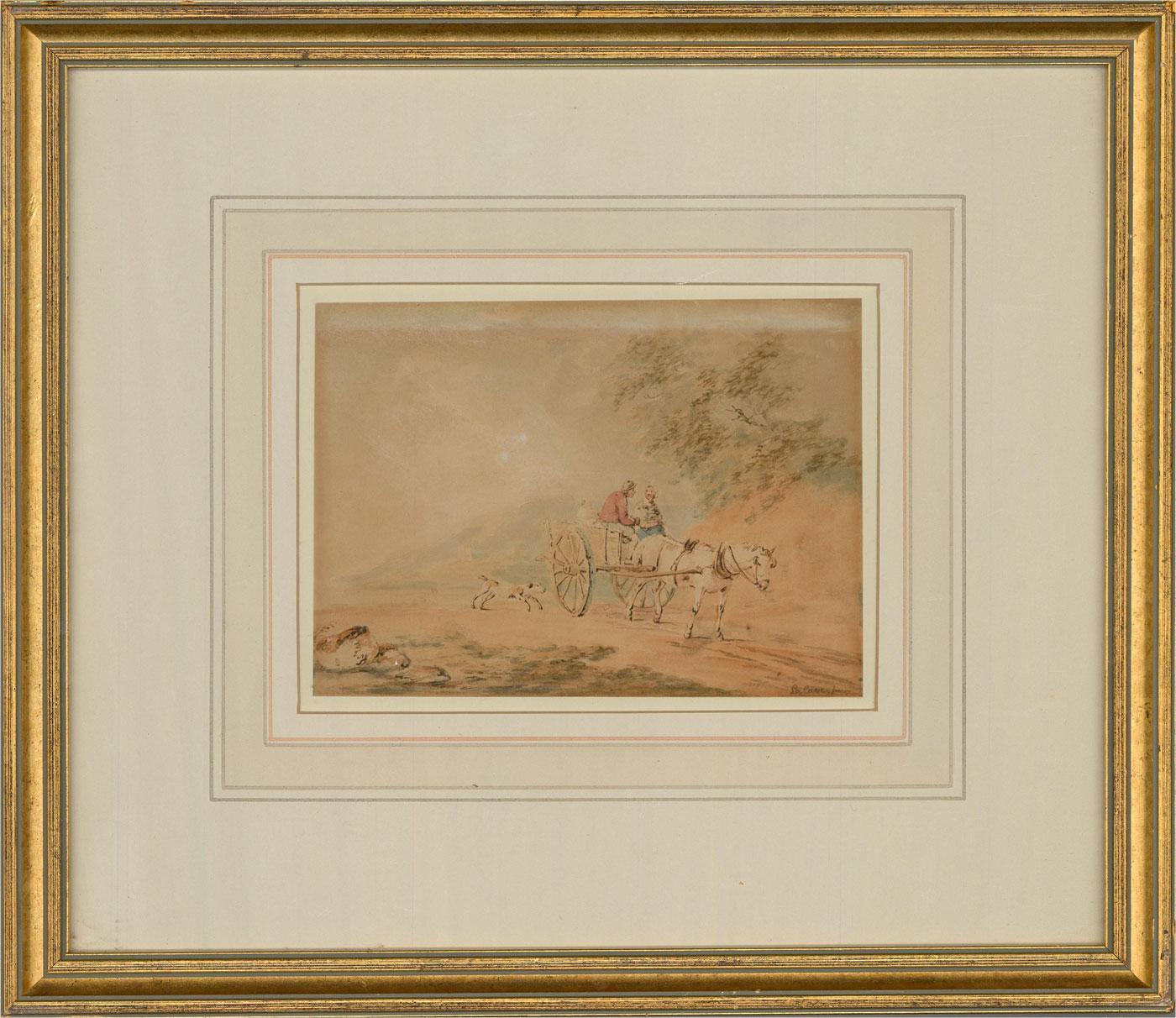 A late-18th century watercolour depicting two figures driving a pony and trap with a dog following behind. Presented glazed in a washline mount and a distressed gilt-effect wooden frame. There is a later label on the verso. Signed to the lower-right