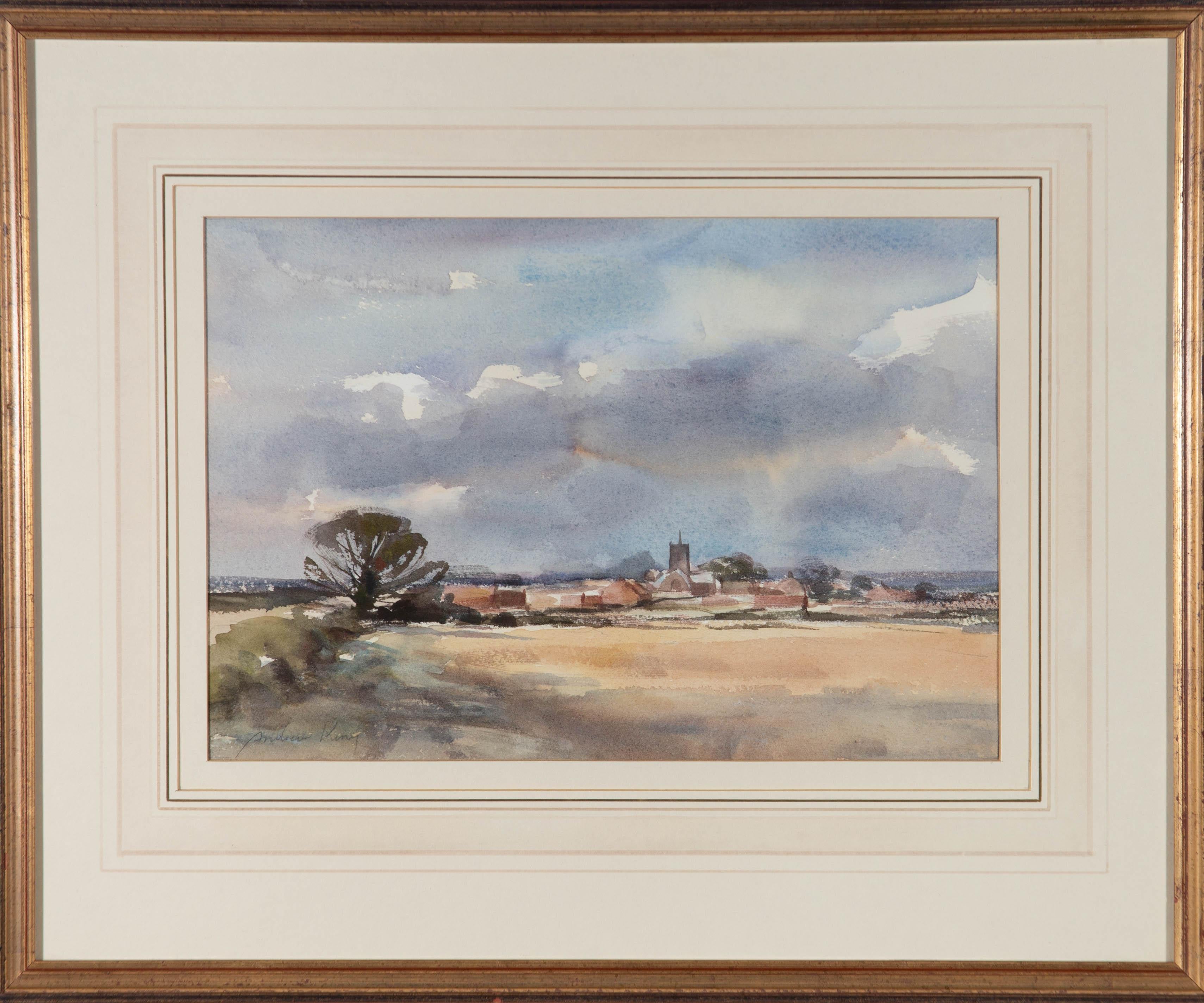 A delicate watercolour scene with a view across the fields and into a small town in the distance. Well presented in a double card mount with border and a gilt frame. Signed to the lower left. On wove.
