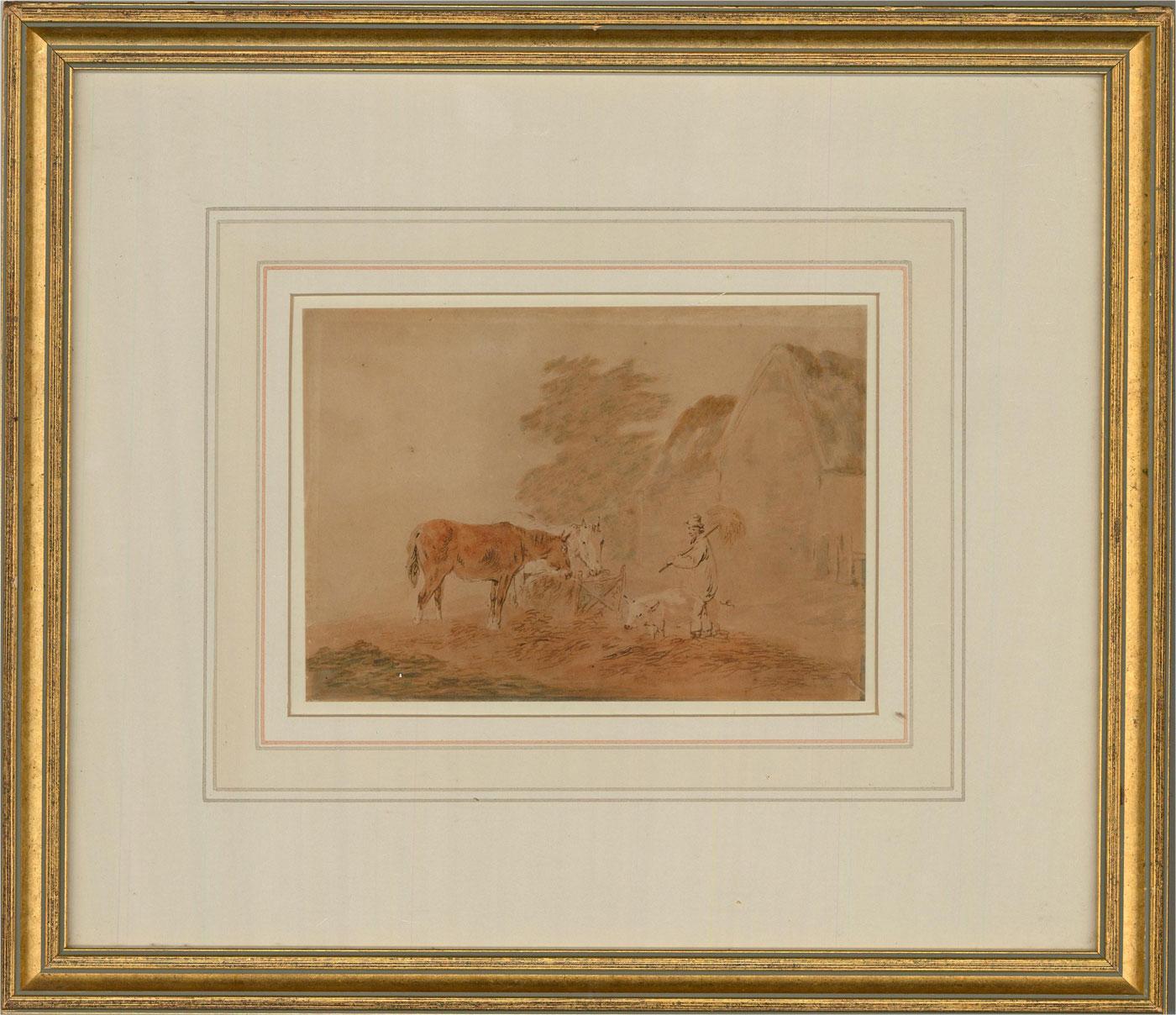 A farmyard scene with horses and cattle. Presented glazed in a washline mount and a distressed gilt-effect wooden frame. Though unsigned, the painting is typical of the artist and was paired with a signed work by La Cave when acquired by Sulis Fine