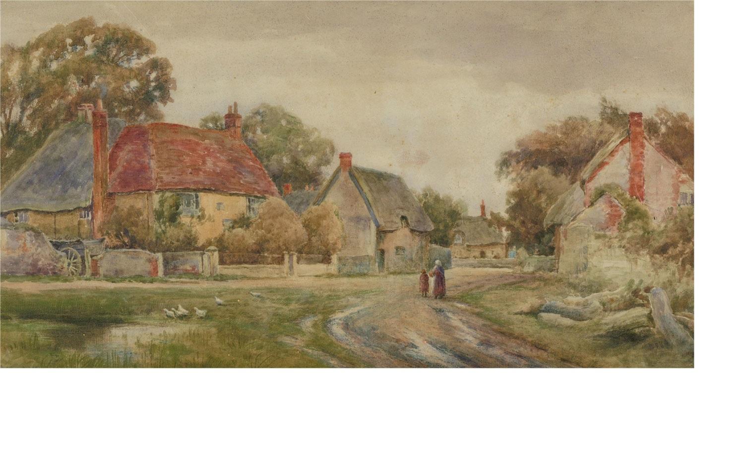 A wonderful watercolour depiction of 19th Century rural life. The scene shows a mother and daughter returning to their hamlet down a dirt path, a small pond with geese to the left and thatched cottages curve off down the road to the right. The
