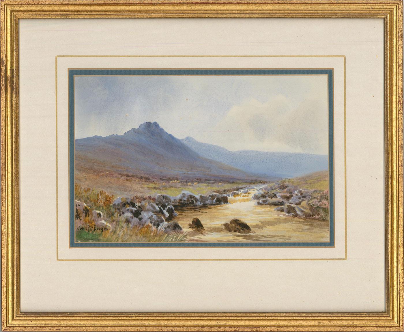 A picturesque scene by a river in the mountains. Sheep can be seen grazing in the distance. Presented glazed in a white and blue double mount and a distressed gilt-effect wooden frame. Signed to the lower-left edge. There is a label on the verso