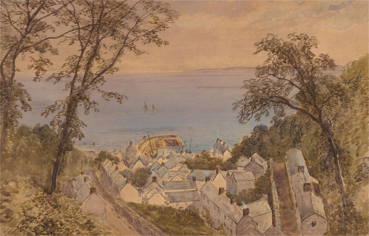 A thoroughly charming coastal scene in watercolour showing a downward view of a coastal town with a curved stone jetty on the shore. The artist has signed to the lower left corner. The tail of the "y" from the artist's signature has been cropped