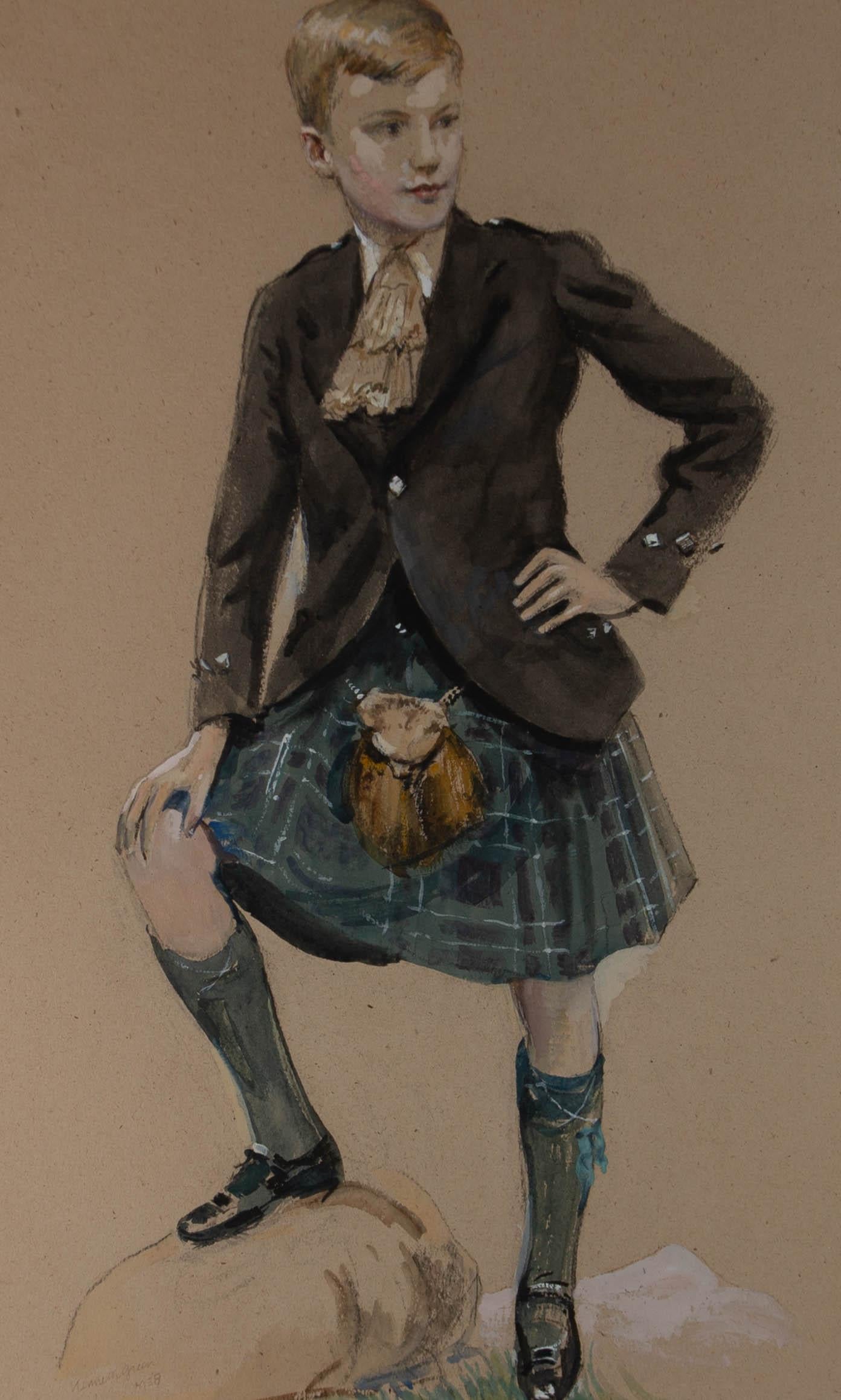 A fine and expressive watercolour painting with gouache and charcoal, by the artist Kenneth Green. The scene depicts a portrait of a young boy, possibly David Carritt, standing in a kilt. Signed and dated to the lower left-hand corner. Presented in