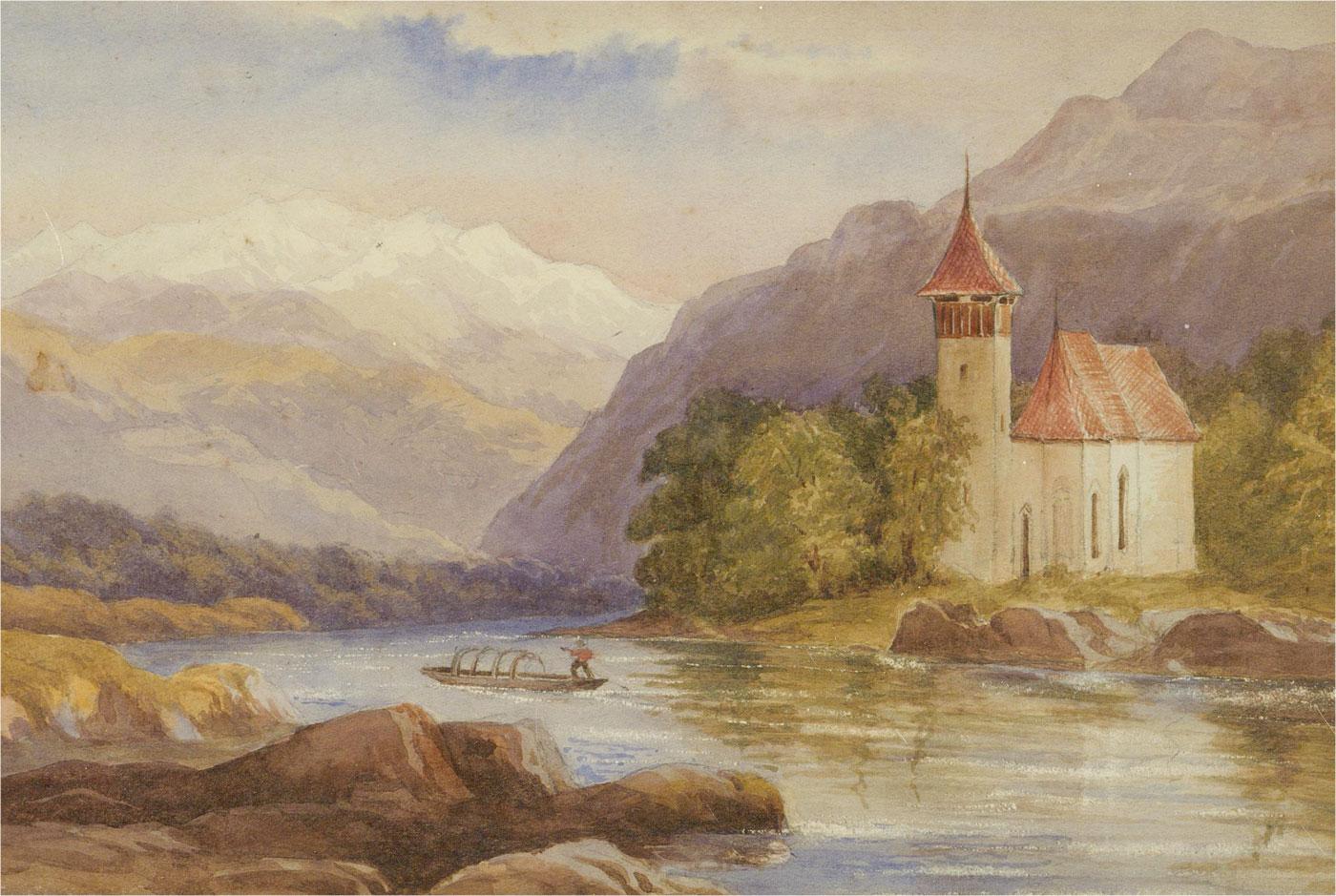 A dramatic Alpine view depicting a red-roofed traditional church on a riverbank. A figure can be seen punting a boat along the water. Presented glazed in a brown mount and an oak frame with a gilt-effect slip. Unsigned. On watercolour paper.
