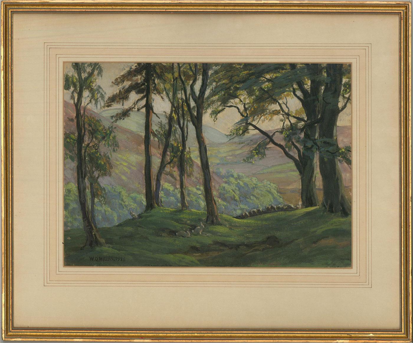 A mythical and majestic gouache view of the stone Cairn ring in Strawberry Lea, Derbyshire. The sun shines gently through the trees that cast a cool shadow over the forest floor with rabbits nestling in the mossy undergrowth and the tips of the