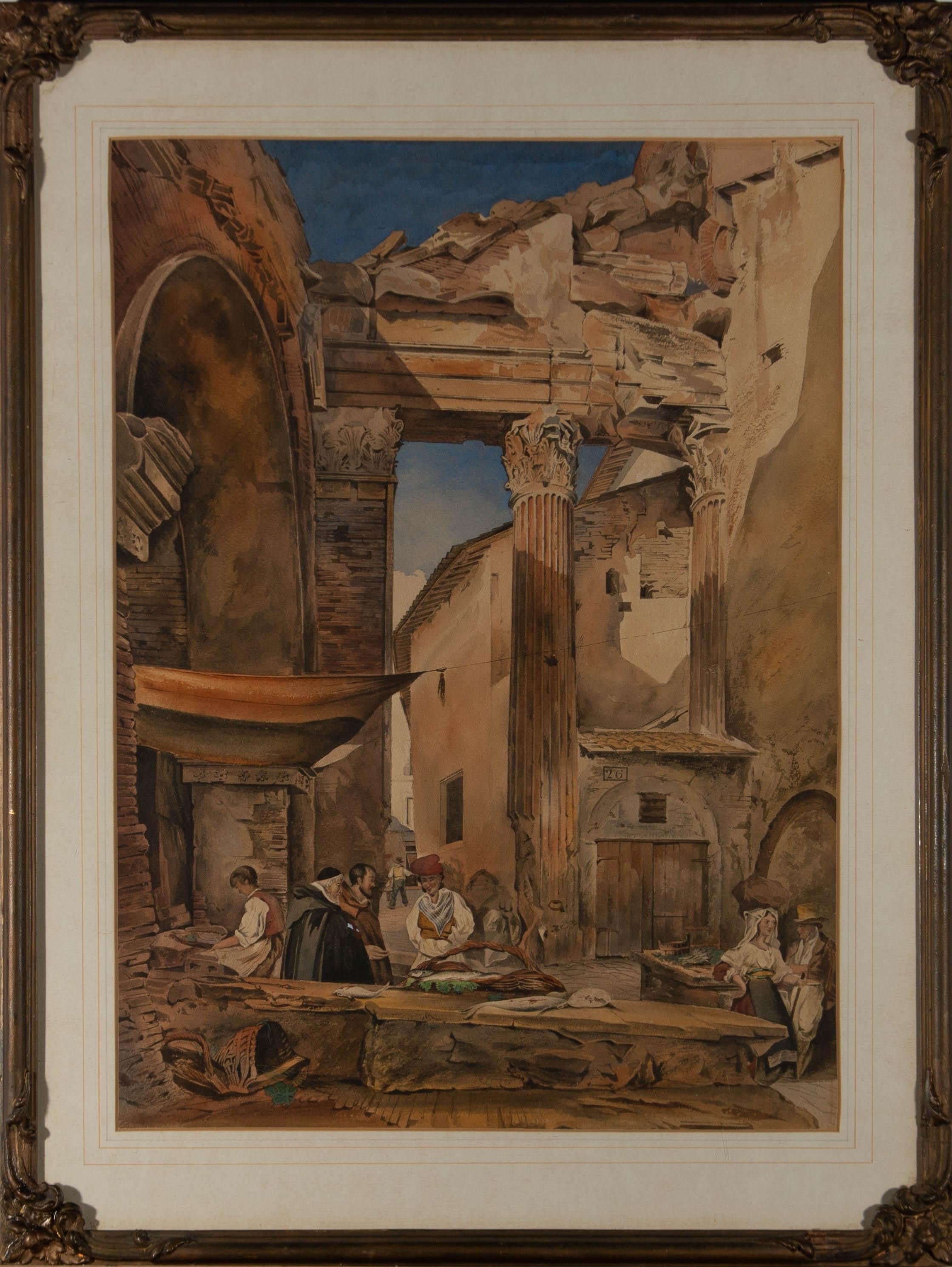 Framed Early 19th Century Watercolour - Fish Market, Portico of Octavia, Rome - Art by Unknown