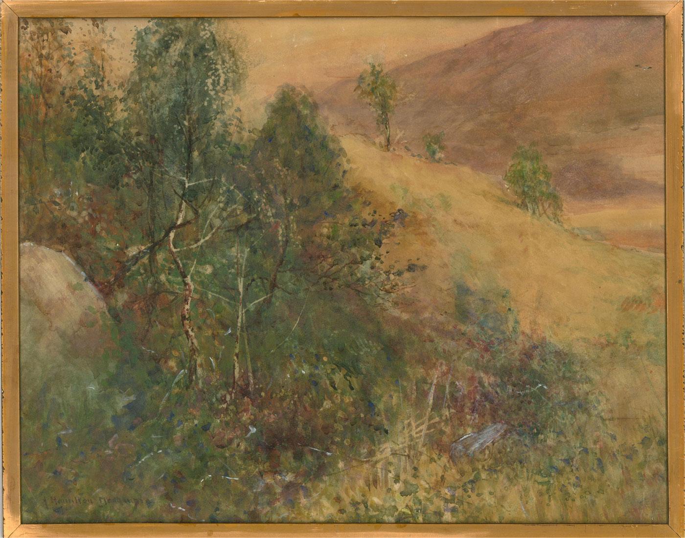 Une charmante peinture à l'aquarelle avec des détails à la gouache de l'artiste James Hamilton Mackenzie. La scène représente un paysage étendu avec des arbres. Signé dans le coin inférieur gauche. Présenté dans un étui fin et doré. Sur papier