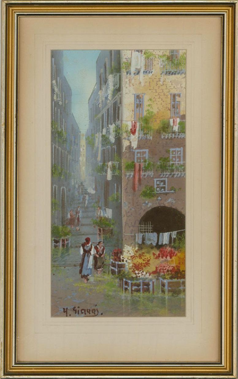 A captivating gouache painting by the Italian artist Y. Gianni, depicting a lively street scene with figures. Signed to the lower left-hand corner. Presented in a card mount and in a gilt effect frame, as shown. On wove.
