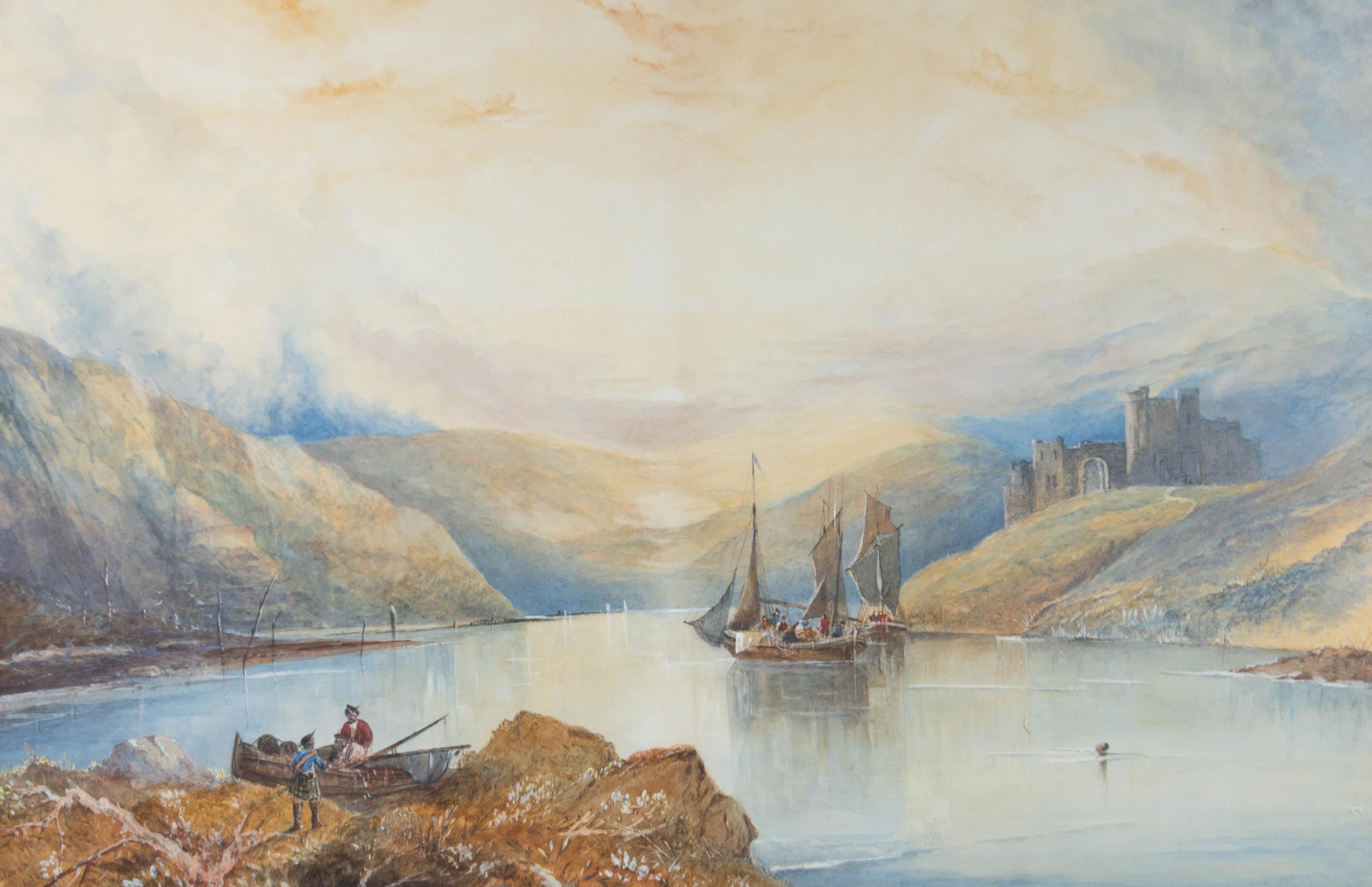 A picturesque Scottish lake featuring a castle on the hillside amongst the mountainous landscape. The castle is being overlooked by the figures on the sailing boats as well as two figures in the foreground both wearing Scottish kilts.

The work