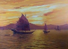 F. C. Fung - Contemporary Watercolour, Chinese Junk Boats At Sunset