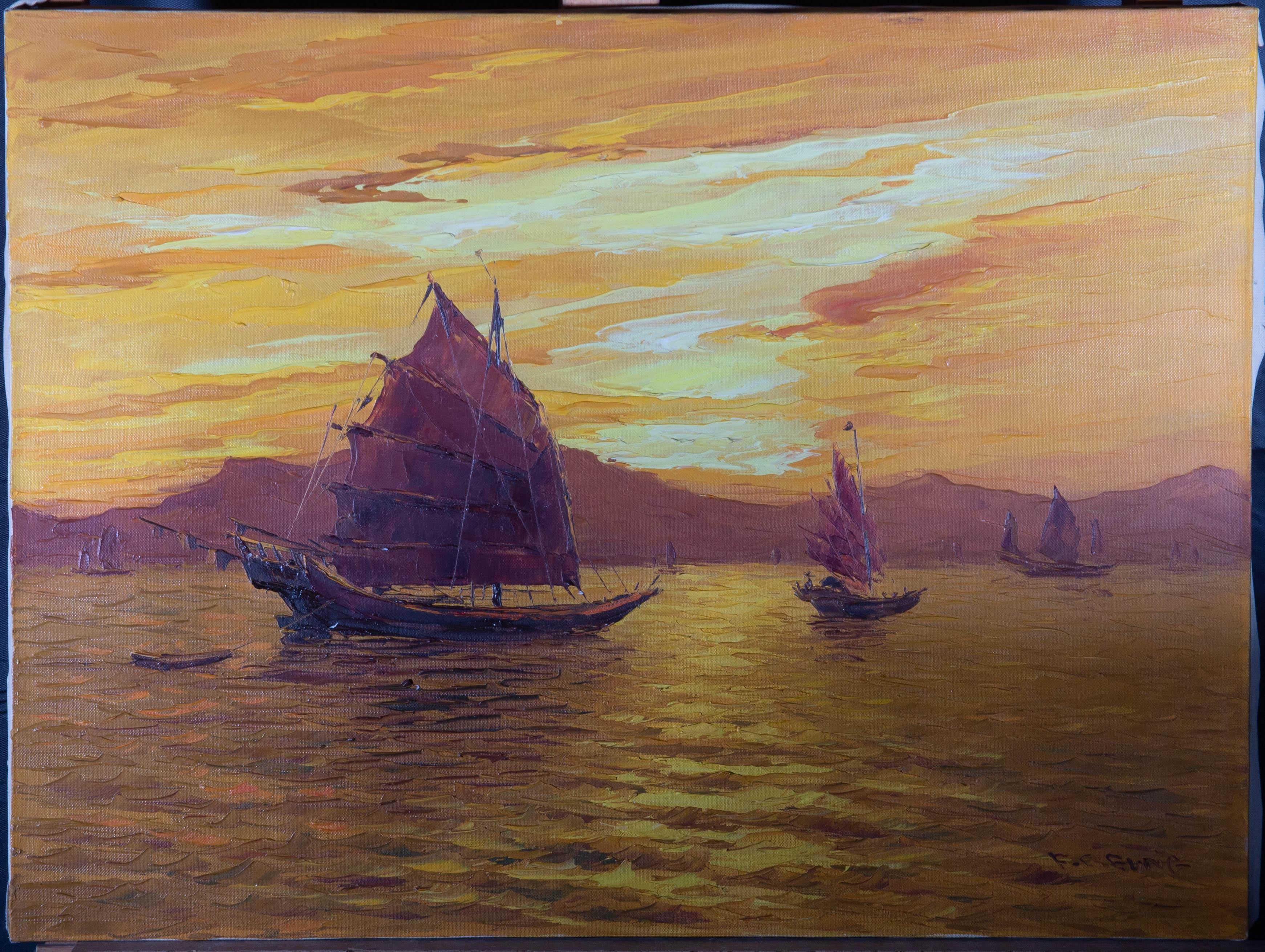 A vibrant and striking impasto seascape, showing Chinese junk ships illuminated by a vivid orange sunset. The artist has signed to the lower right corner. On canvas.
