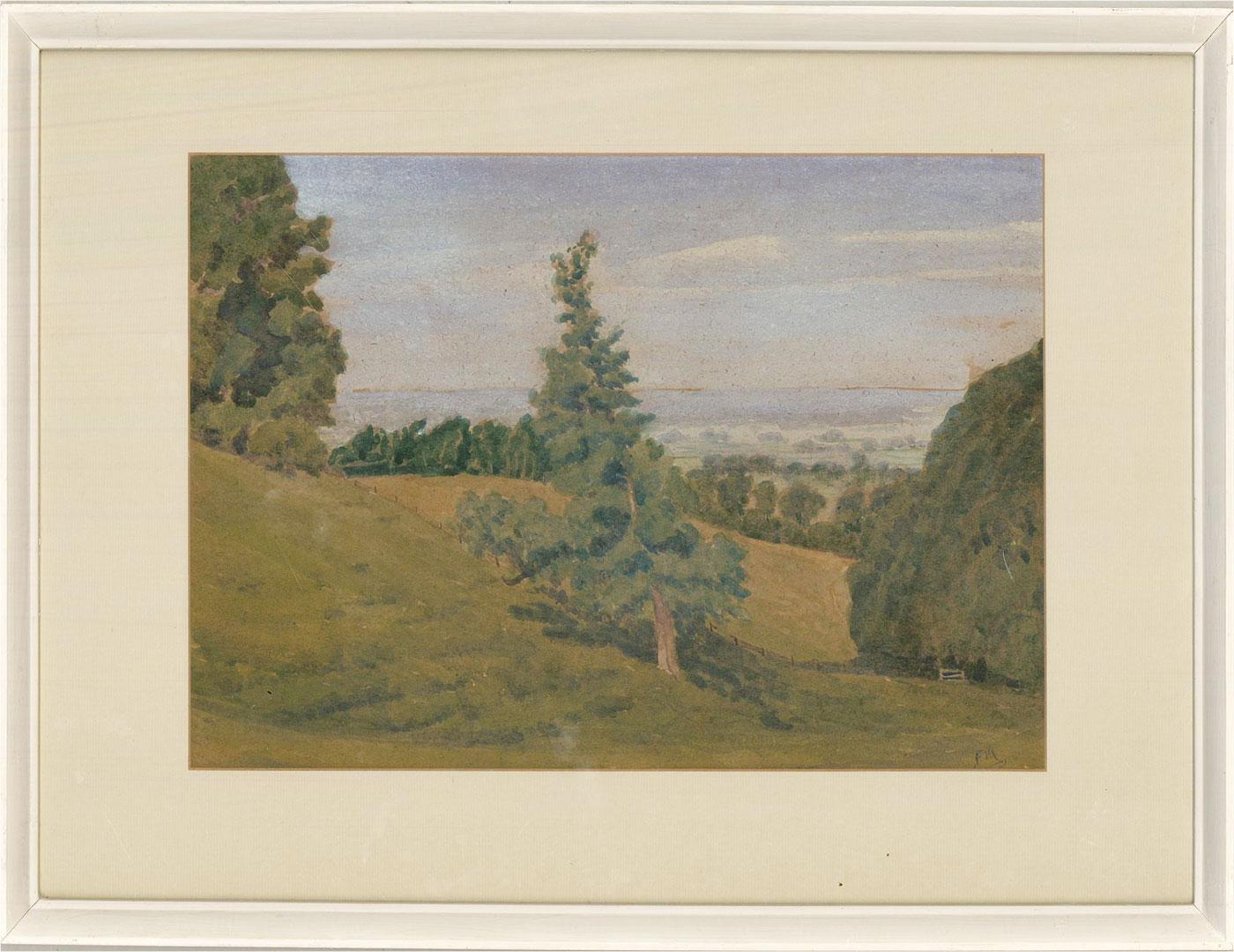 A fine panoramic view of a Summer landscape. The beautiful rolling green hills stretch off into the distance with verdant woodland scattering the meadows. The artist has initialed to the lower right and the painting has been presented in a