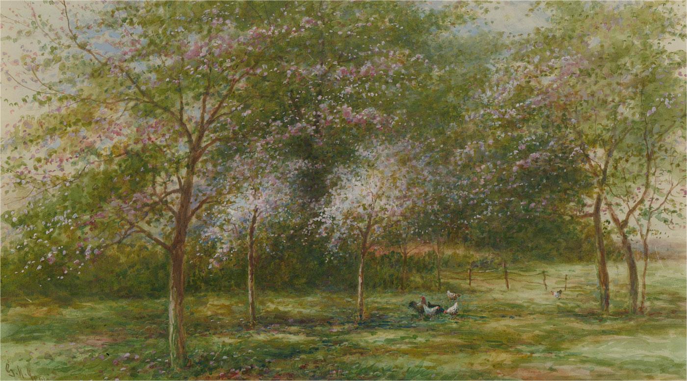George Henry Jenkins (1838-1914) - Watercolour, Maytime in the Orchard 1
