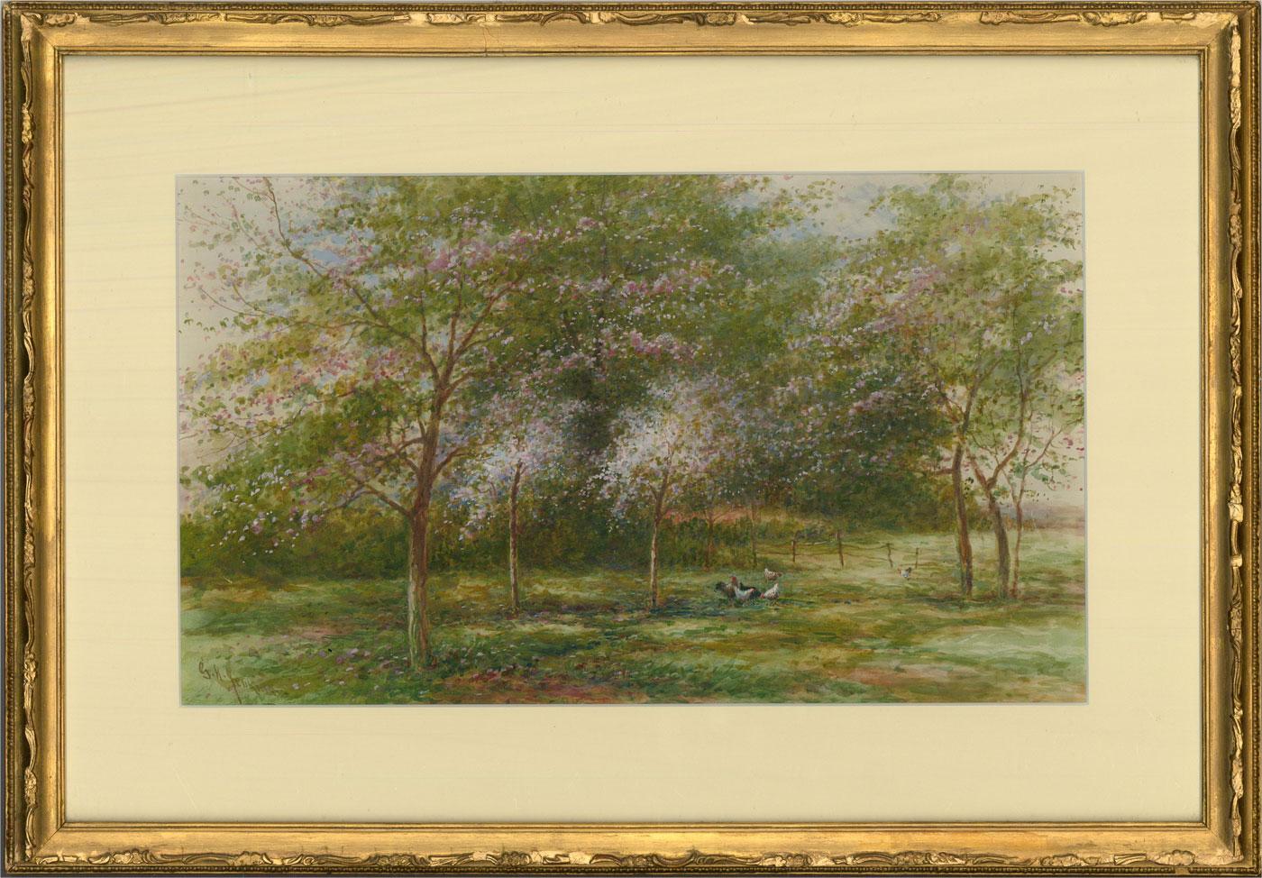 An idyllic spring scene in watercolour and body colour depicting blossoming apple trees in an orchard. Chickens graze in the shade of the trees. Presented glazed in a cream mount and a gilt frame with ornate edges. Signed to the lower-left edge.