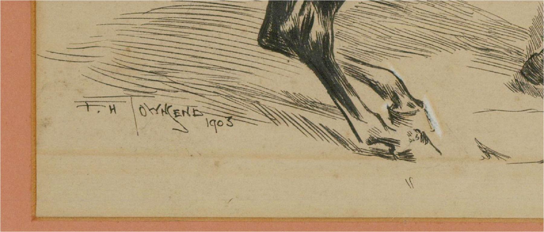 A dynamic pen and ink drawing, showing a man swinging a punch at an unsuspecting opponent who is reaching for their sword, falling back in shock. The assailant's horse rears up in the foreground. The artist has signed and dated to the lower left