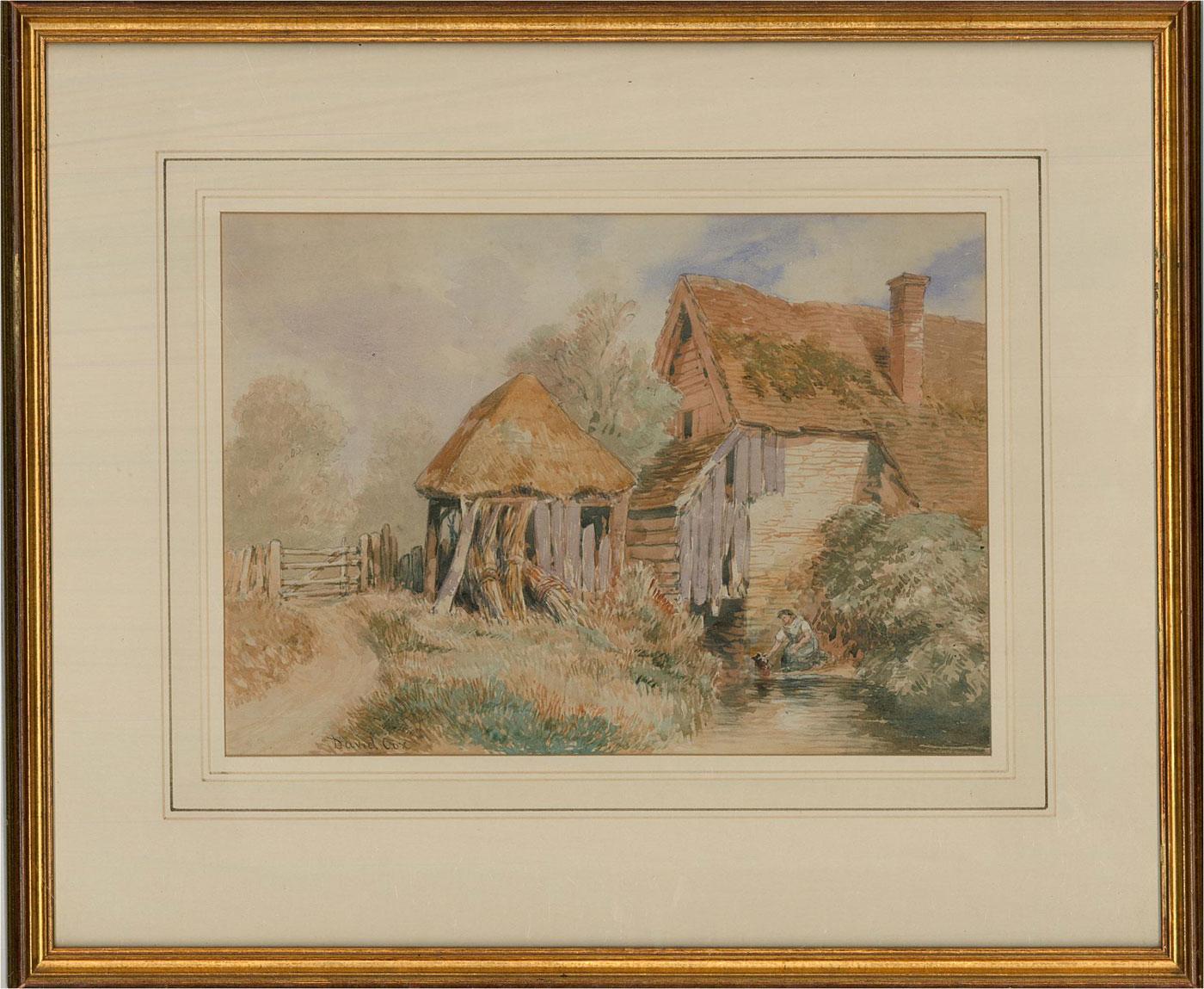 A charmingly rustic cottage by a stream in watercolour by the English painterÂ David Cox Snr. OWS (1783-1859). The artist has signed to the lower left corner and the painting has been presented in a gilt frame with wash-line mount and glazing. On