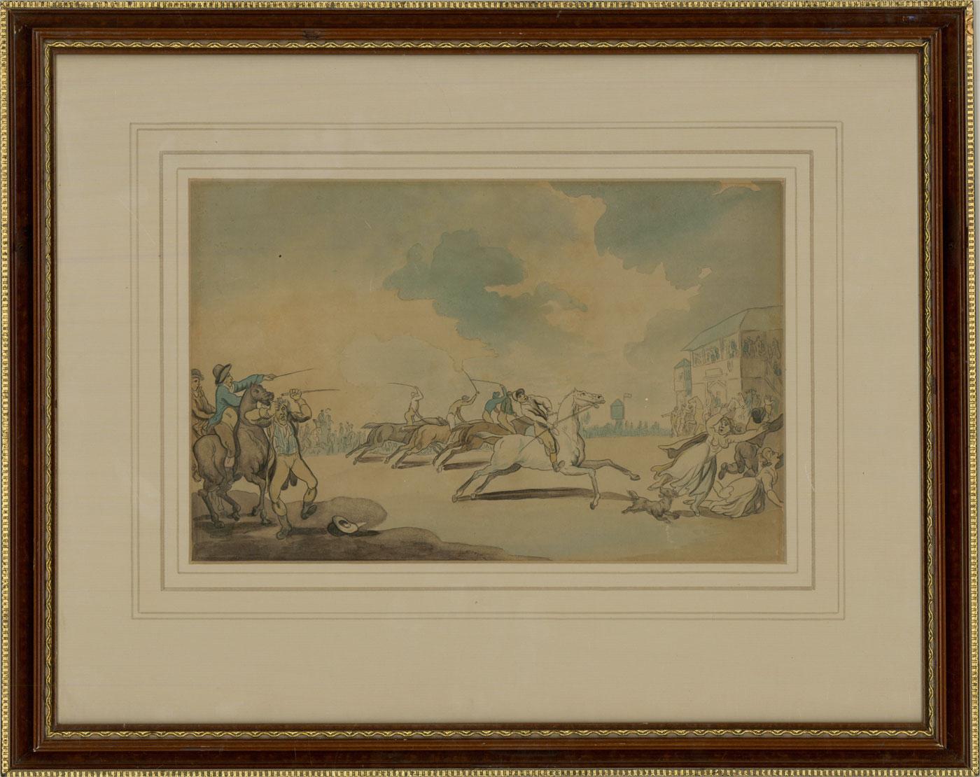 A humorous late Georgian cartoon, showing the chaotic start to a horse race as one of the horses goes out of control and runs into the spectators, sending them fleeing. The scene appears to be a take on the original by Thomas Rowlandson. The