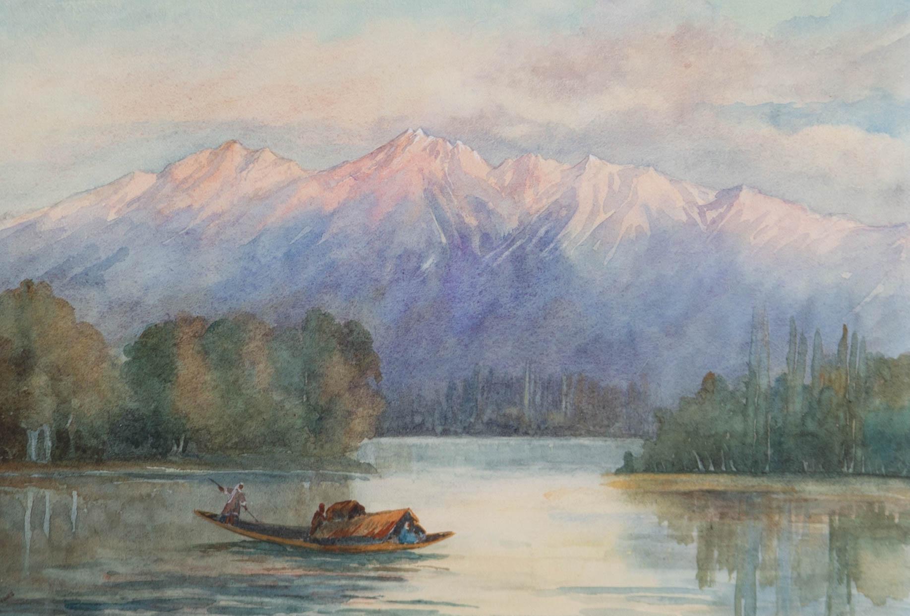 A fine watercolour painting by B. Maynard, depicting a mountainous lake scene with a boat and figures. Signed to the lower left-hand corner. Well-presented in a grey on white double card mount and in a speckled gilt effect frame, as shown. On