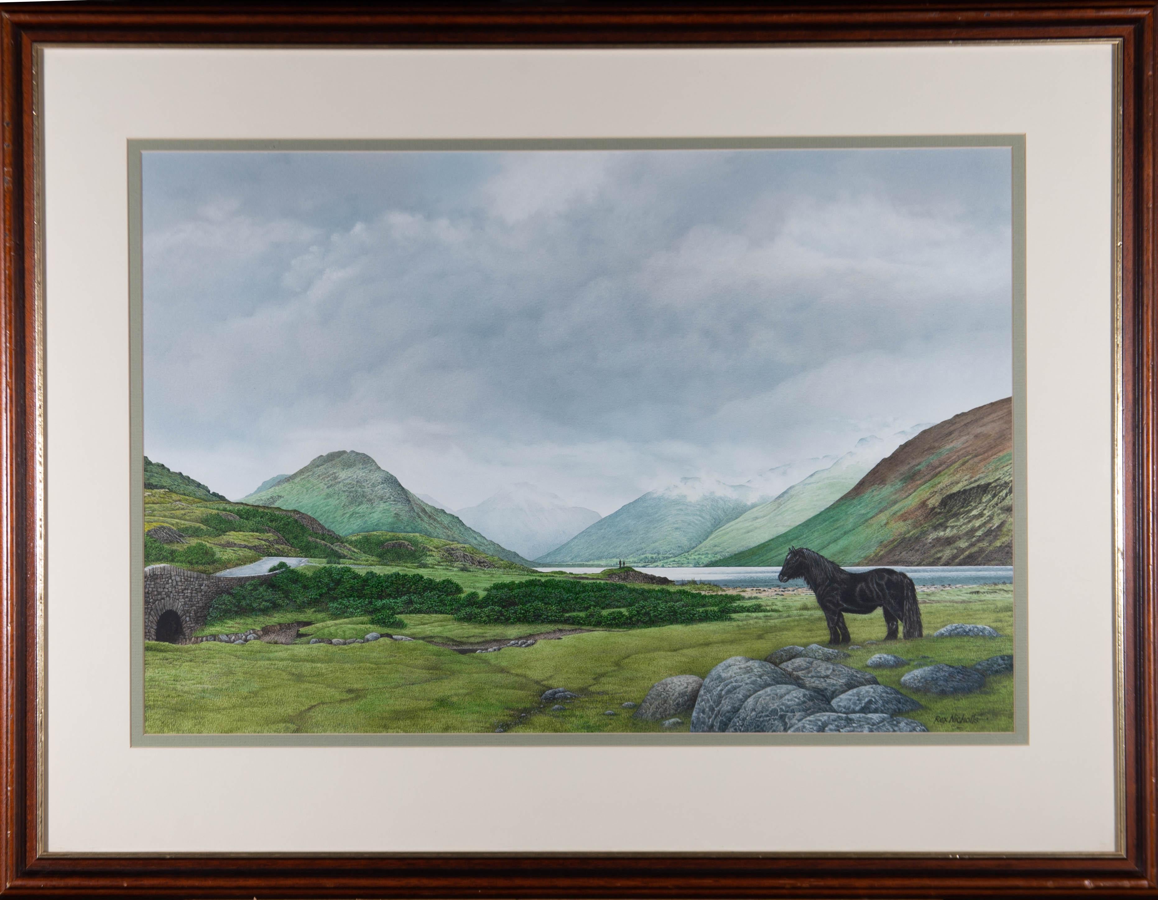 A landscape depicting a wild Fell Pony stood in a valley. Cloud-topped hills and a lake can be seen in the background. Well-presented glazed in a cream and sage double mount and a wooden frame with a gilt-effect inner edge. Signed to the lower-right