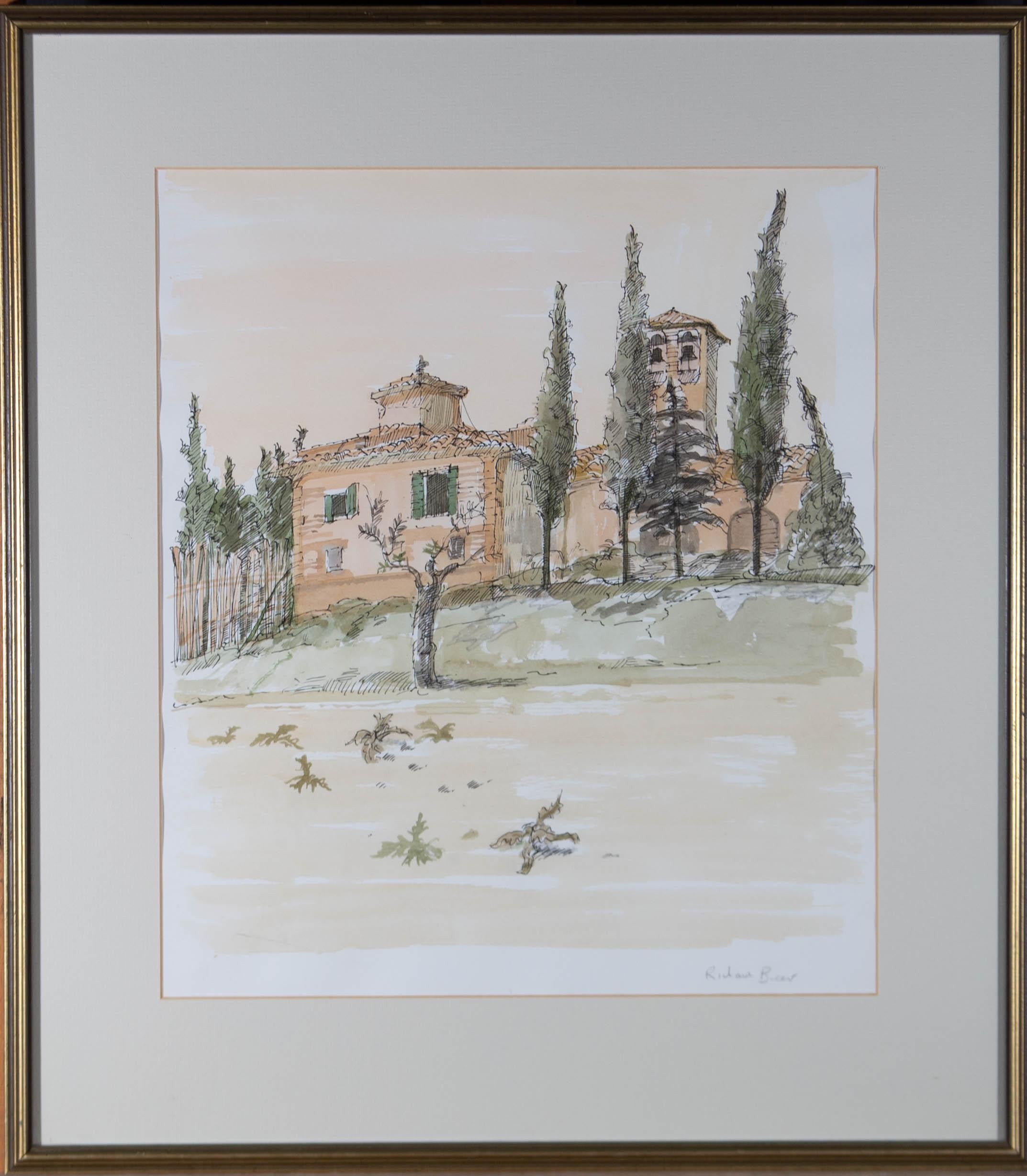 An accomplished watercolour painting with pen and ink by the artist Richard Beer. The scene depicts an Italian countryside view, with a villa. Signed in graphite to the lower right-hand corner. Well-presented in a cream card mount and in a speckled,