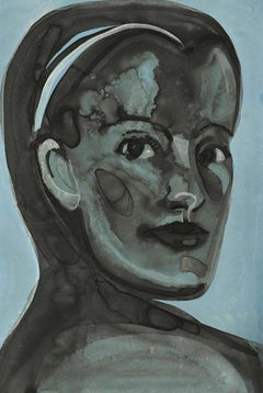 Matilda - contemporary emotive bold blue portrait painting, figurative artwork
