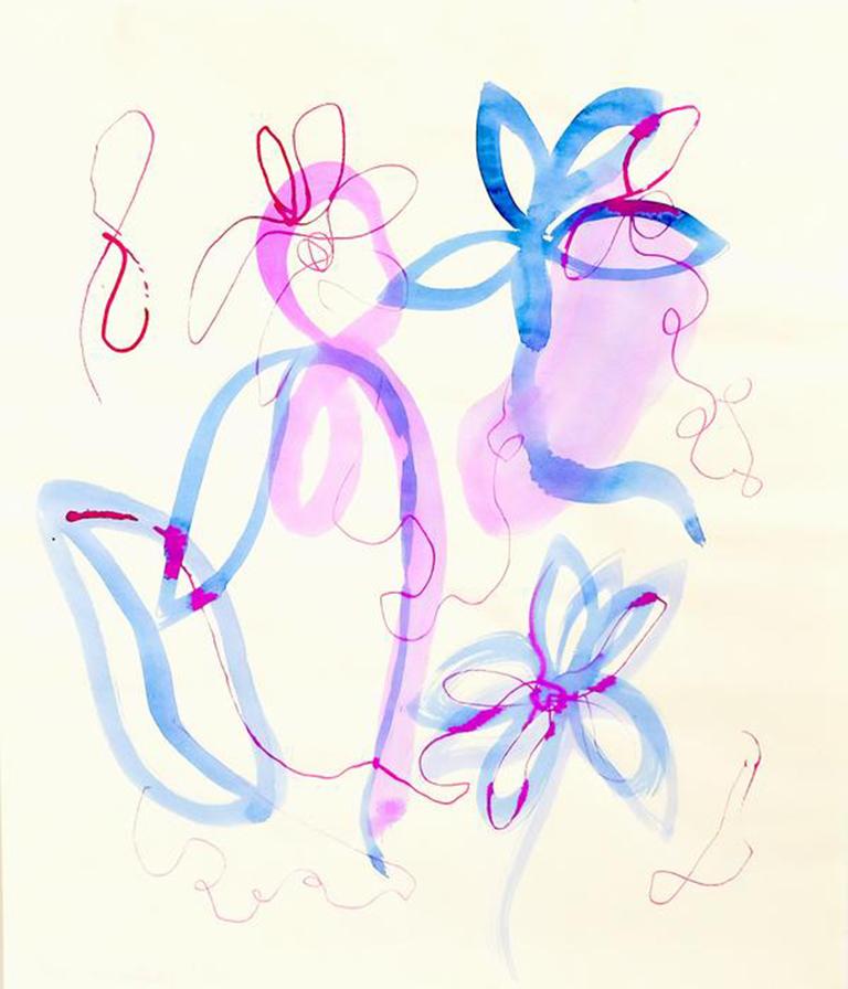 Soft Flora #9 - pink, blue, and fuchsia contemporary floral abstract painting - Art by Adria Mirabelli