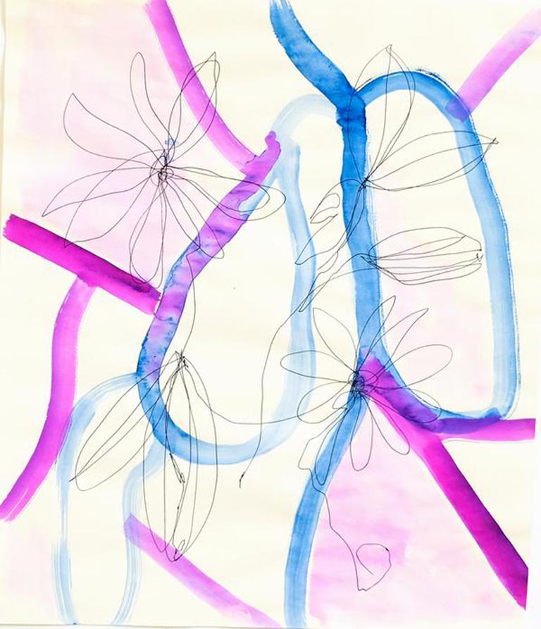 Adria Mirabelli Abstract Painting - Studio Florals in Pink and Blue - contemporary floral minimal abstract painting
