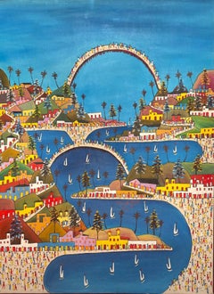 Imaginary City #2MFN- Original 40"x30" Haitian Painting by Prefete Duffaut
