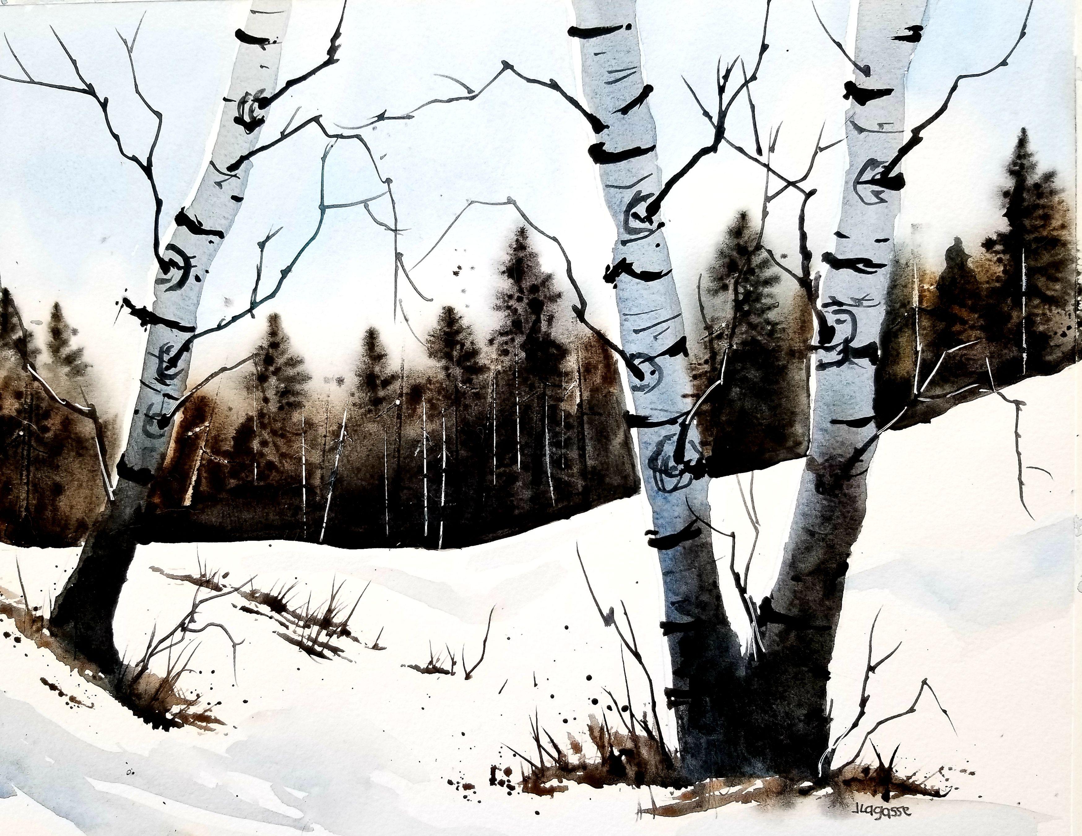 Birch Trees, Painting, Watercolor on Watercolor Paper - Art by Jim Lagasse