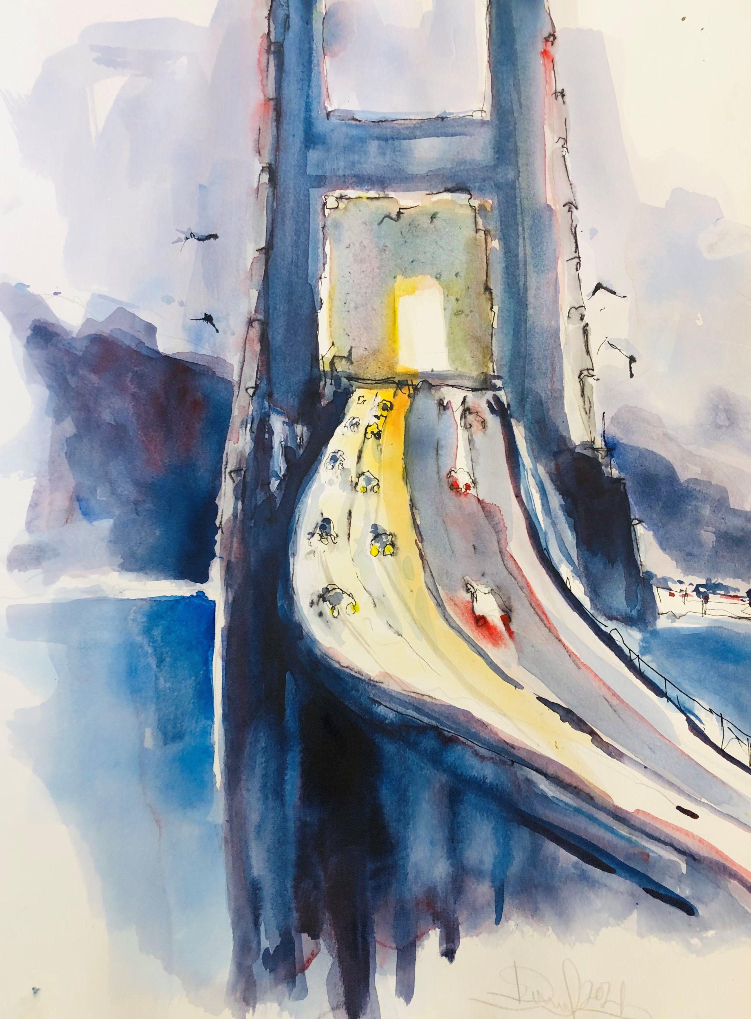 Golden Gate Evening, Painting, Watercolor on Watercolor Paper - Art by Daniel Clarke