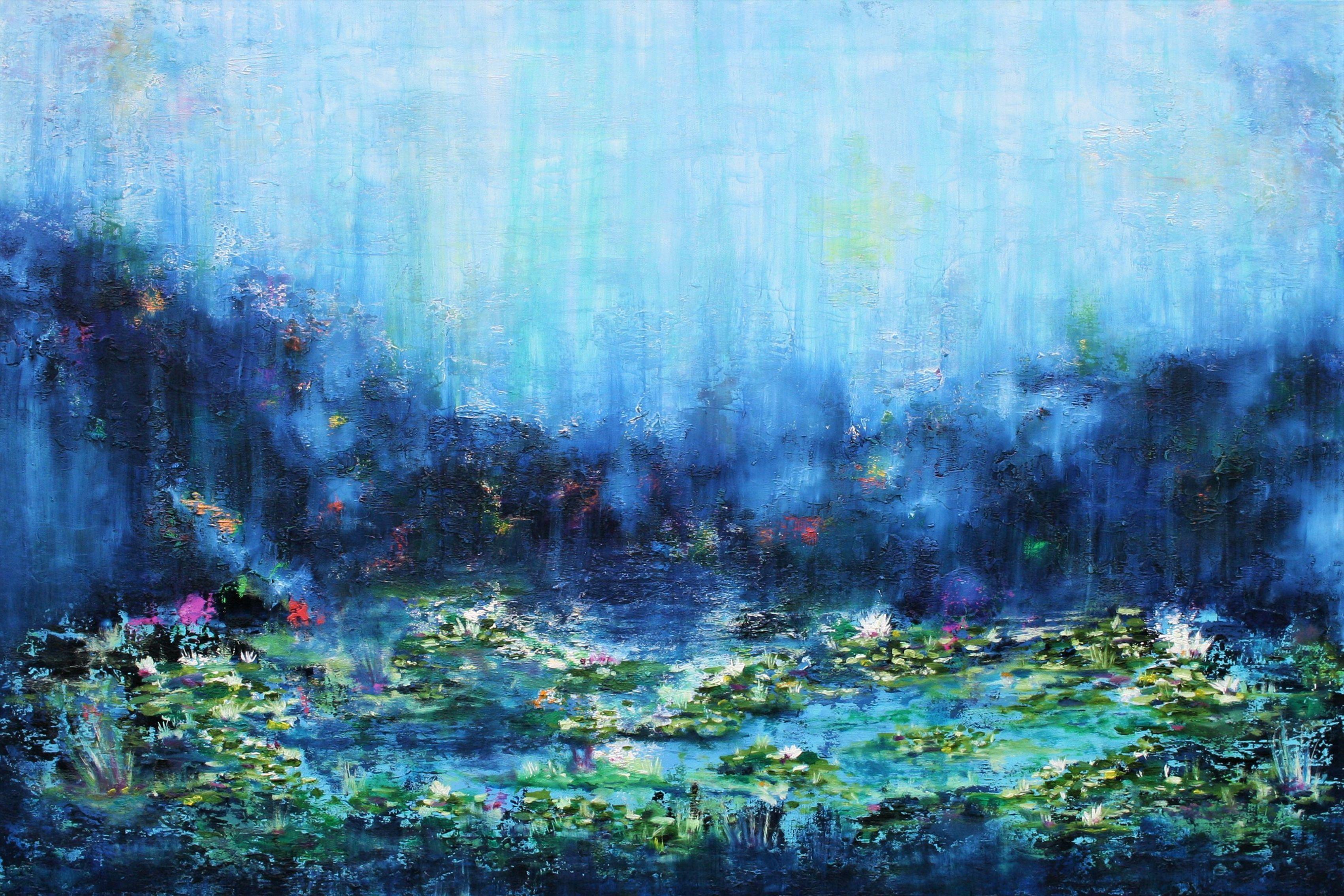 Large Water Lilies 120 x 80 cm Oil Painting, Painting, Watercolor on Canvas - Art by Susan Wooler