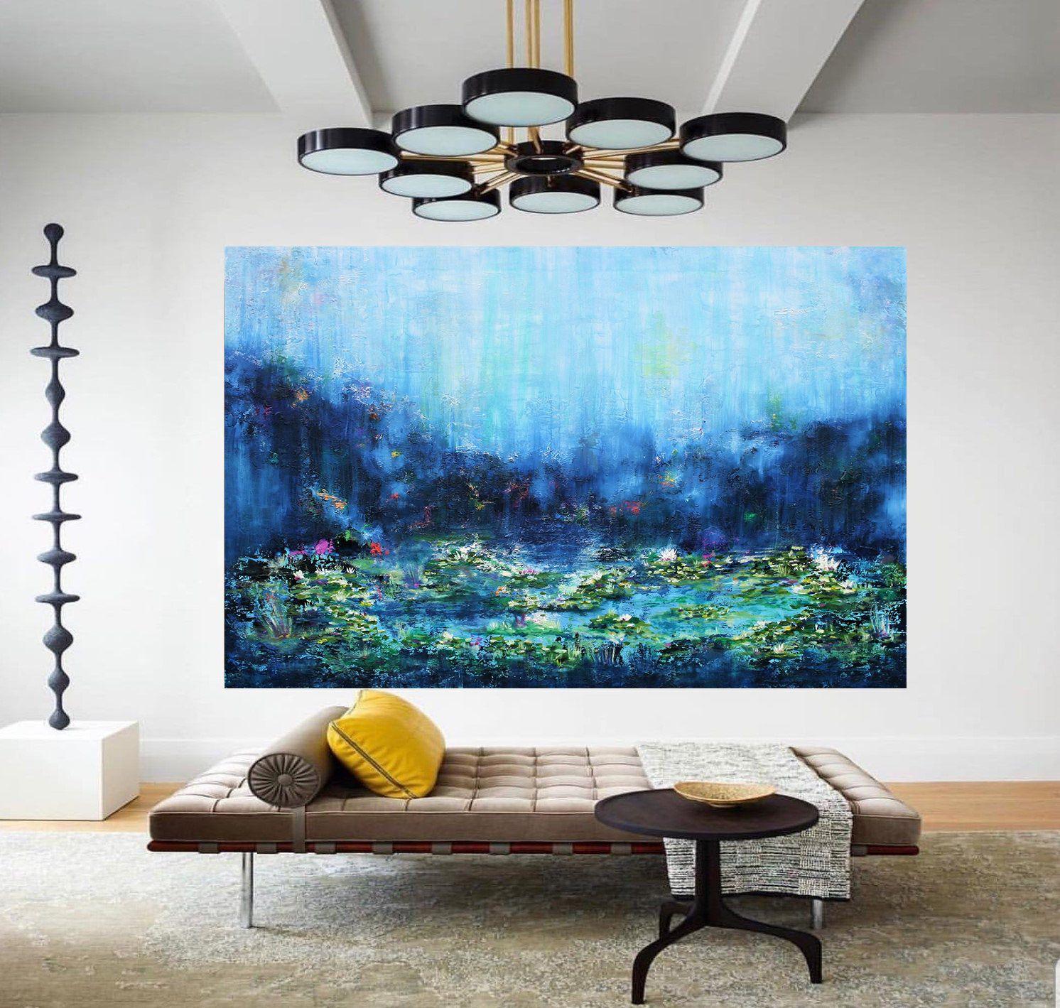 Large Water Lilies 120 x 80 cm Oil Painting, Painting, Watercolor on Canvas - Impressionist Art by Susan Wooler
