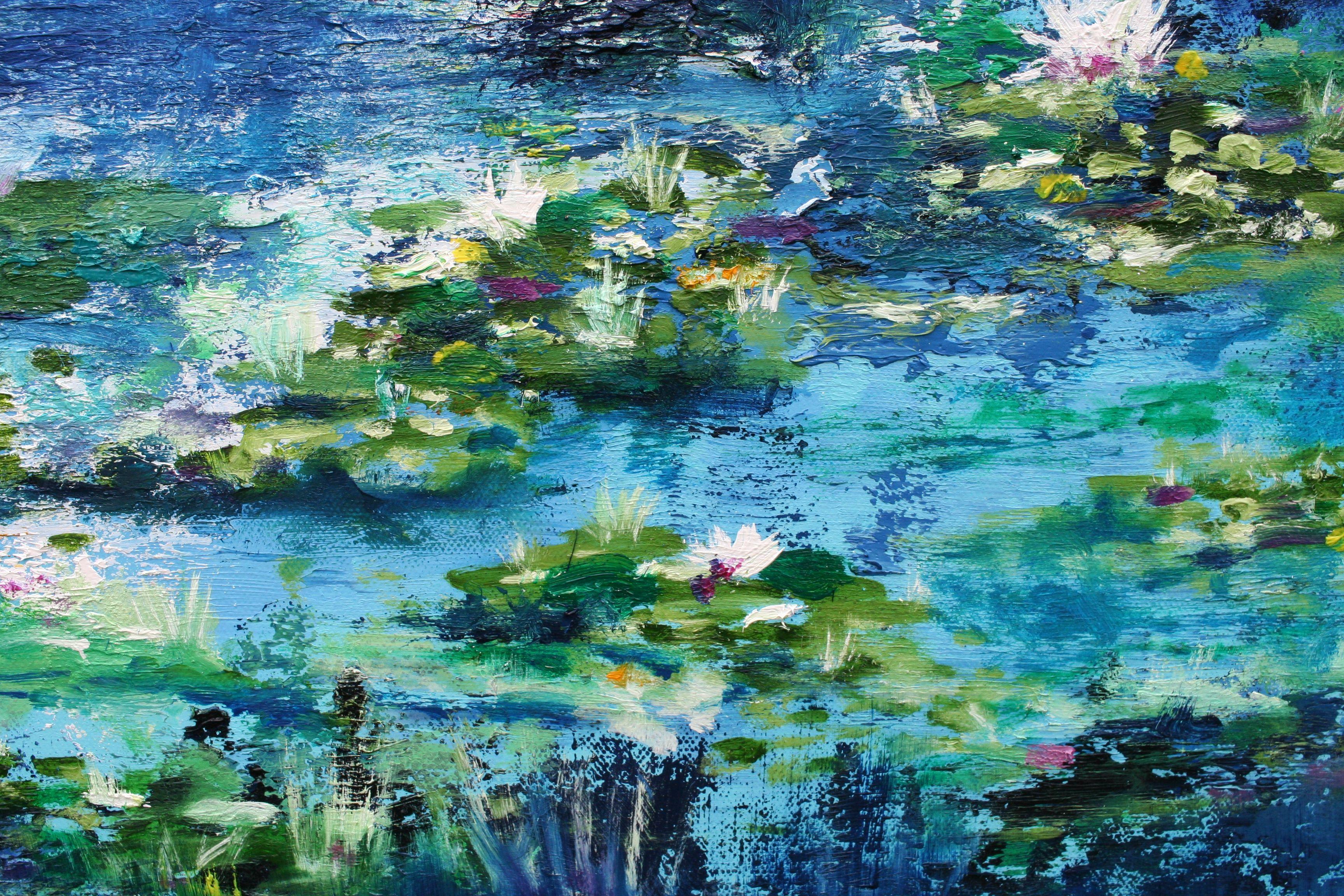 Large Water Lilies 120 x 80 cm Oil Painting    Size 120 x 80 cms  Professional Heavy Duty 45mm Canvas  Edges Painted White - Ready to Hang Varnished for protection  Rooms for reference    Signed, dated and titled. Original artwork with signed