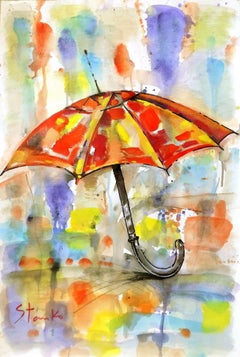 Red umbrella, Painting, Watercolor on Paper