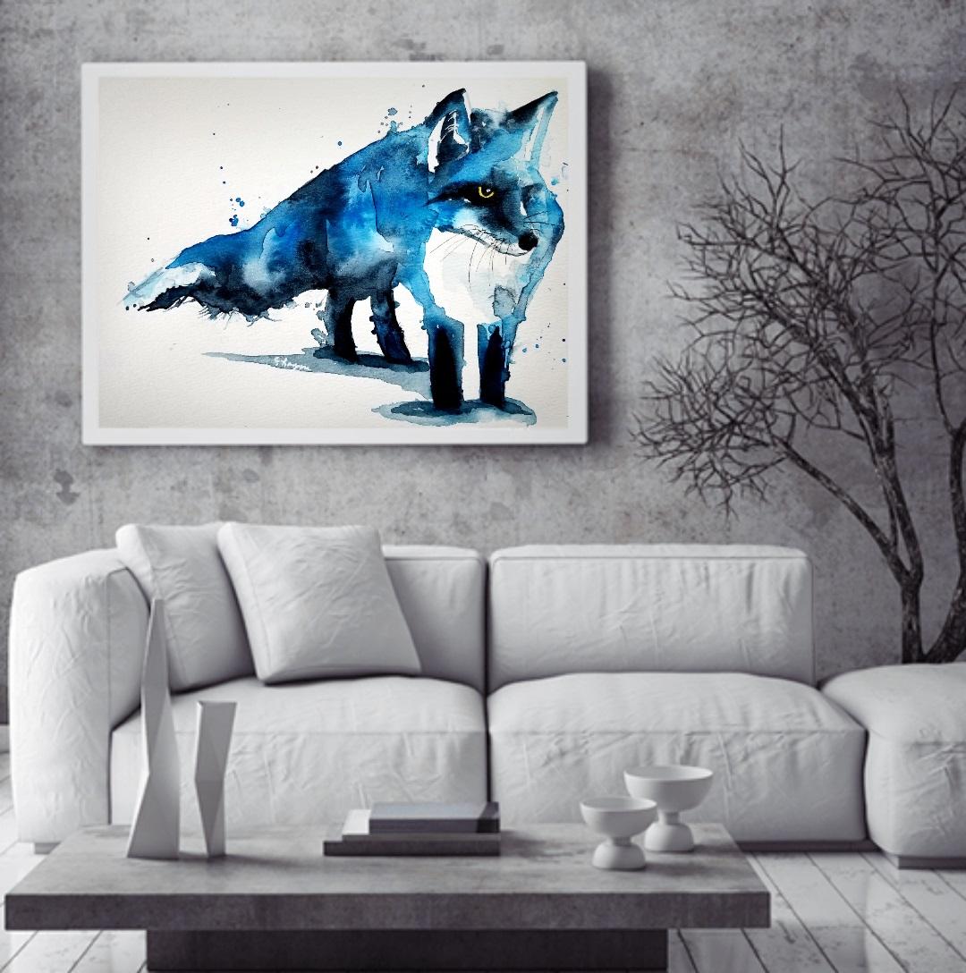 Le renard bleu, peinture, aquarelle sur papier d'aquarelle - Contemporain Art par Jim Lagasse