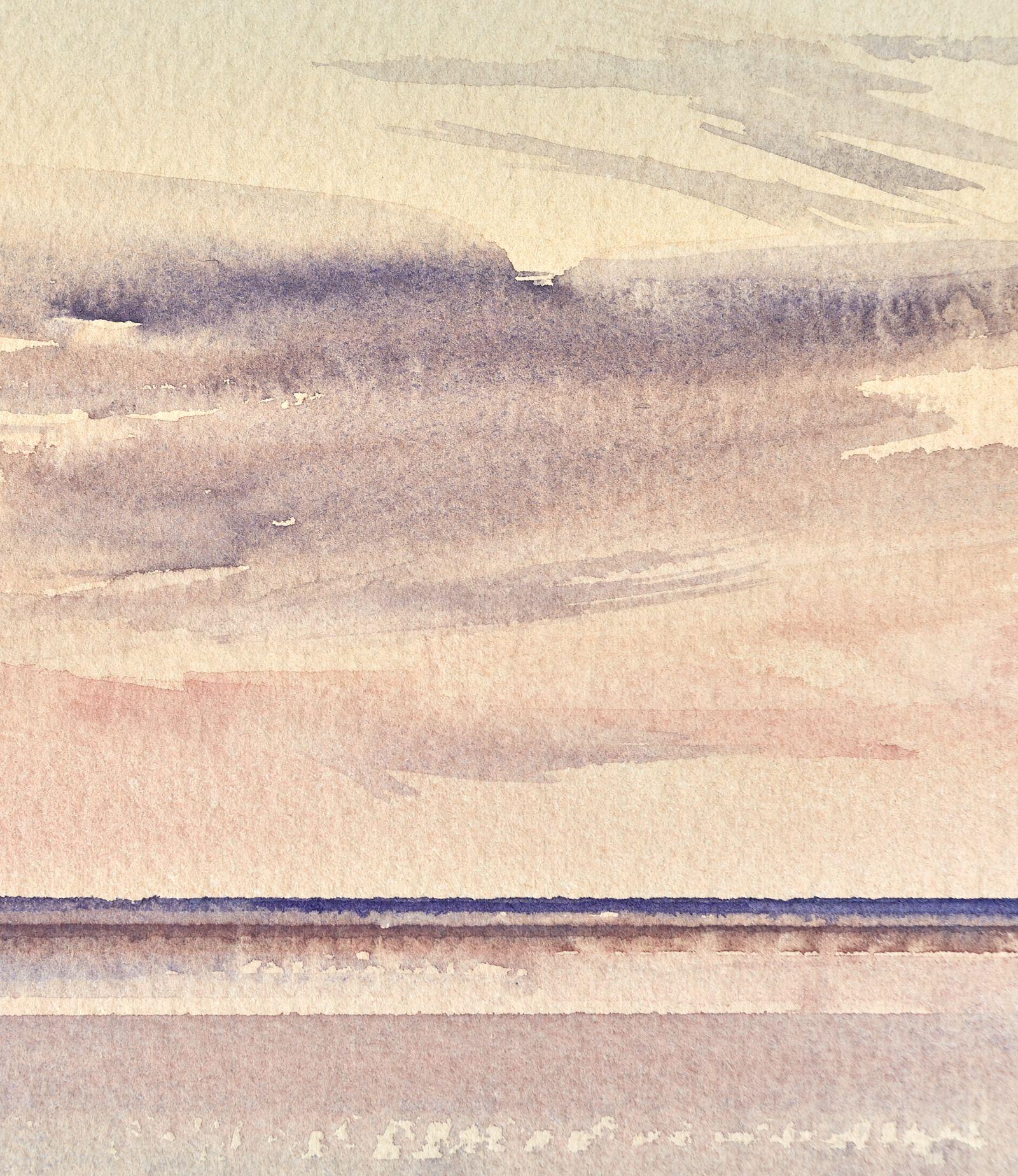 Capturing a beautiful twilight sky over the open sandy shore at St Annes-on-sea beach in Lancashire, England. A calm and tranquil seascape inspired by the summer skies over the open sea. Daniel Smith and Winsor & Newton artist watercolour paints are