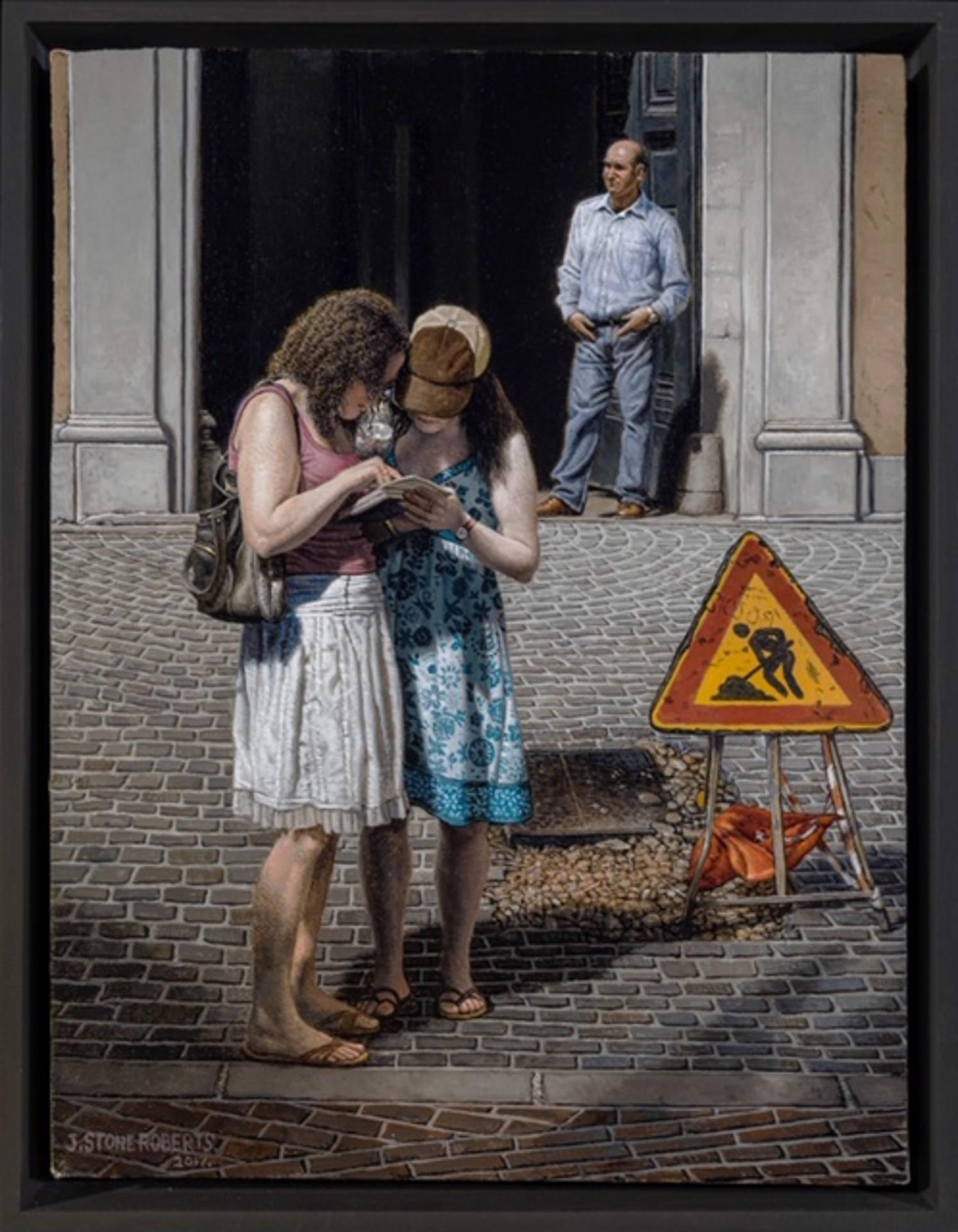 Figurative Painting Stone Roberts - Rome, Italie, paysage urbain figuratif réaliste de deux filles et d'un homme dans une rue romaine