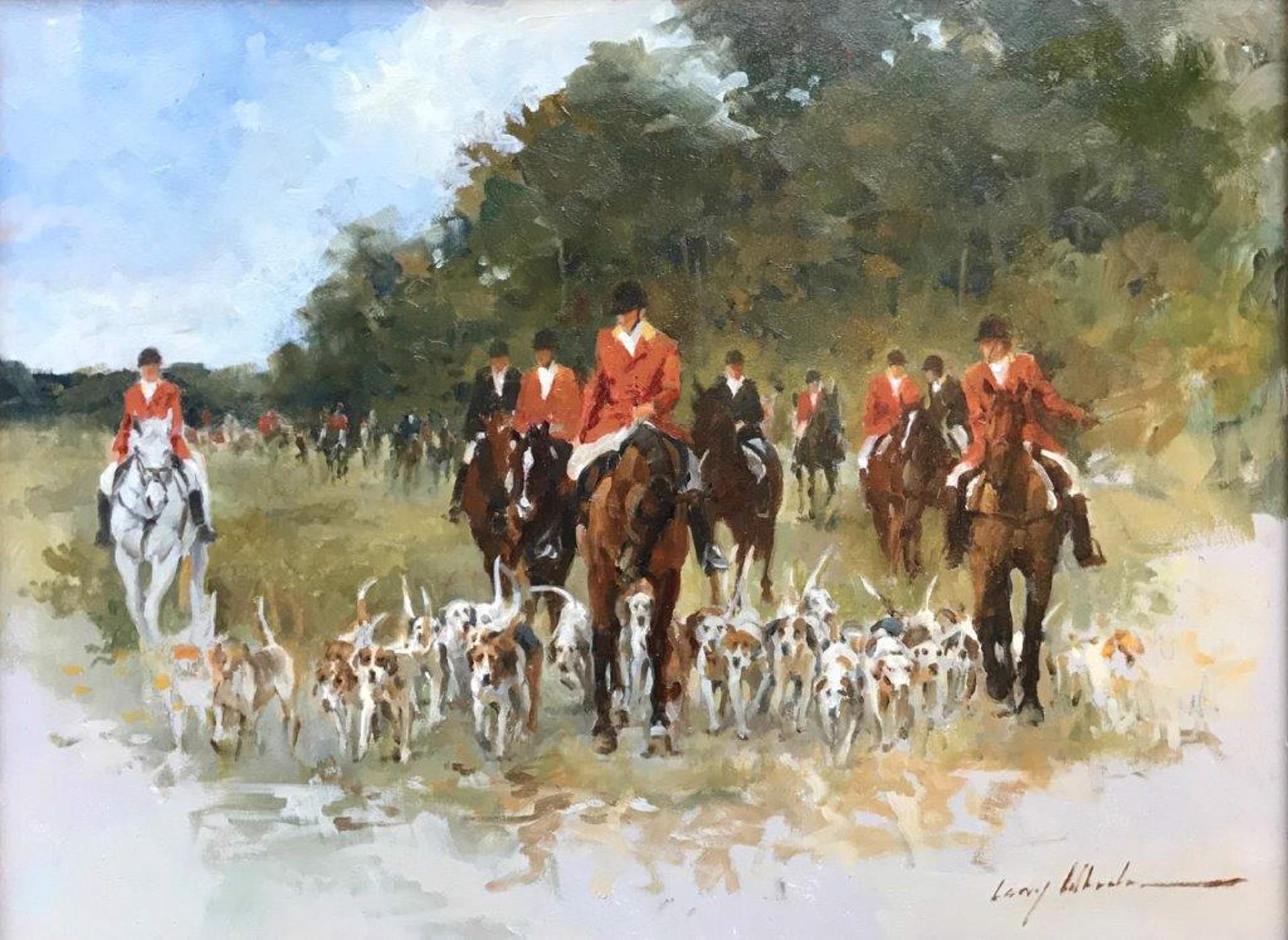 Larry Wheeler Landscape Painting - Contemporary, impressionistic Fox Hunt scene by well established equine artist