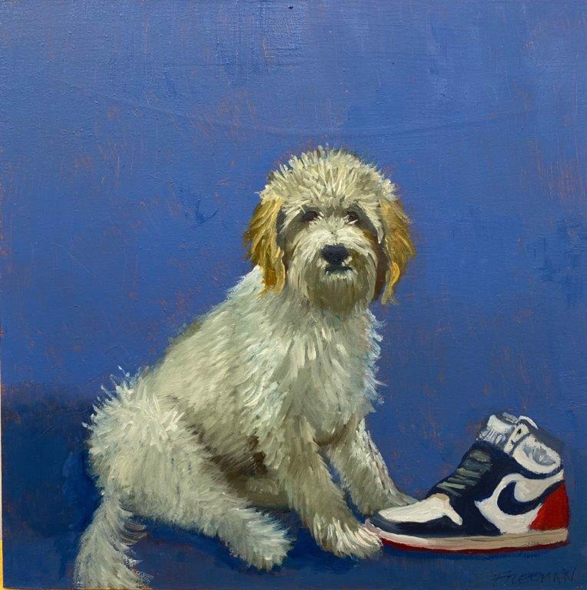 Kathryn Freeman Animal Painting - Dog Painting of Golden Doodle with an Air Jordan Sneaker which Could Transform 