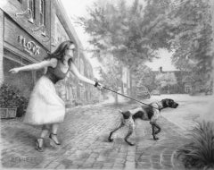 Bird Dog, a black and white charcoal of a Pointer dog and cityscape